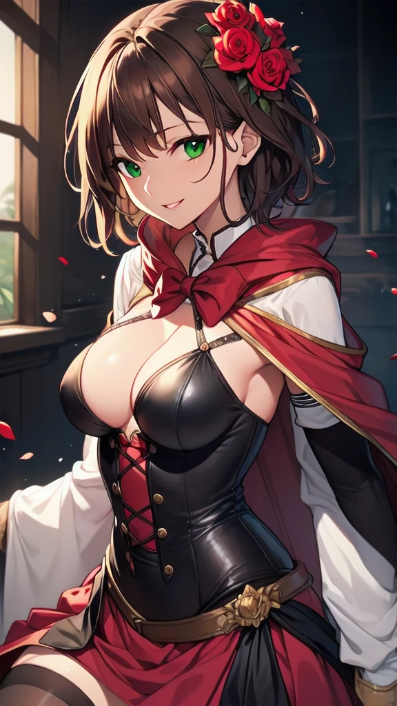 masterpiece, best quality, solo girl, light brown hair, green eyes, short hair, medium breasts, sexy body and face, wavy hair, smile, parted lips, red lips, ribbon, crown of thorns, thorns, (red cape, dress flower), detached sleeves, hair flower, hair ornament, long sleeves, black corset, long skirt, red dress, rose, strapless dress, long skirt, thighhighs, thighlet, red nails, dress flower, black thighhighs, mksks style, beautiful background, orchestra, indoors, sexy pose, cowboy shots, sharp focus, ultra-detailed body, face, and eyes, vibrant, creative, dynamic, high definition, high resolution, 8k, (Upscale: R-ESRGAN 4x+ Anime6mage enchance:4x), voluptuous body, cinema lighting, looking at the viewer, (realistic:1.4), (beautiful detailed face, beautiful detailed eyes, volumetric lighting),
