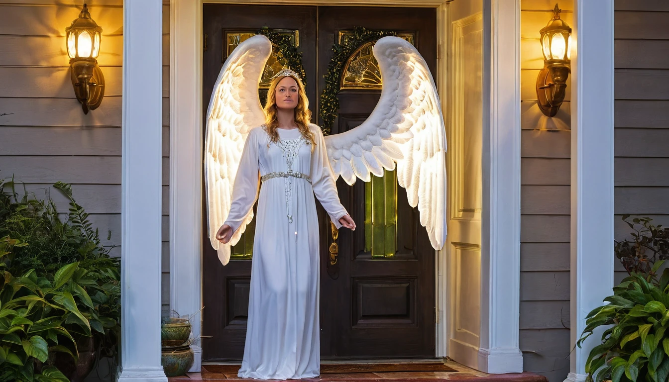 An angelic figure standing guard at the entrance of a home, with a bright light illuminating the doorway, symbolizing protection and divine presence. 16:9"