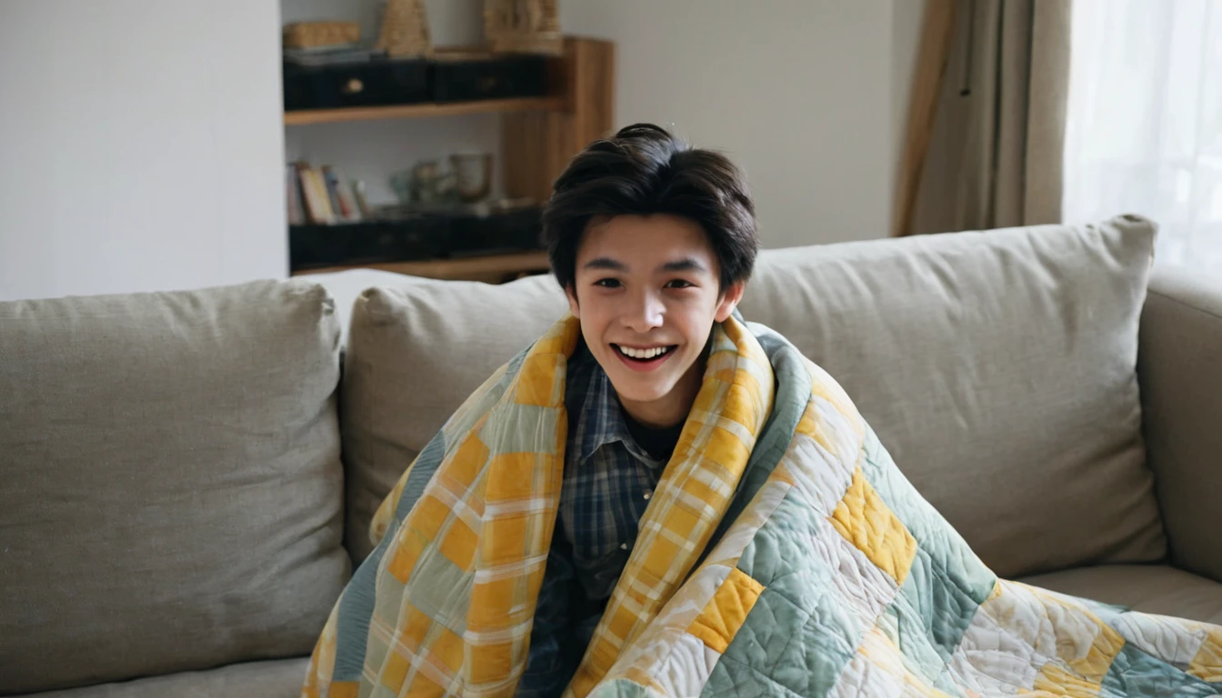 A 20-year-old boy,wrapped in a quilt,sat on the sofa in the living room,facing the camera,Happy, happy,Jump up with joy