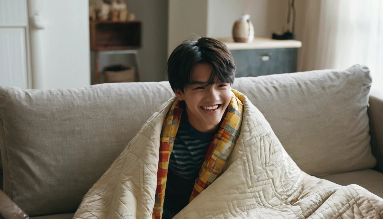 A 20-year-old boy,wrapped in a quilt,sat on the sofa in the living room,facing the camera,Happy, happy，Jump up with joy