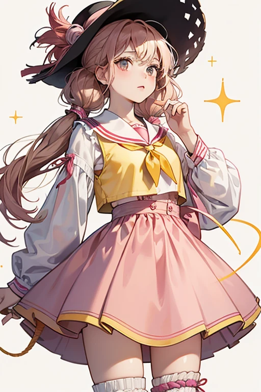 Trouble is a fair-skinned girl with normal black button eyes and bright pink cheeks. She is a light haired brunette with her bangs all pulled to the left with a single bang curling down and her pigtails are worn in low pigtails near the bottom of her head. Her hair is almost identical to Squirt's.
Trouble wears a Fuchsia cowboy hat with a light orange strap, along with a pale peach blouse under a shiny magenta vest with yellow sewn lining and a red neckerchief with white markings all over it. Trouble also has on a jean red skirt with tassel-like hemline and yellow sewn lining. On her left is a small yellow rope, and she wears light orange boots with multiple pink lining marks on them. SPARKLE; GLITTER