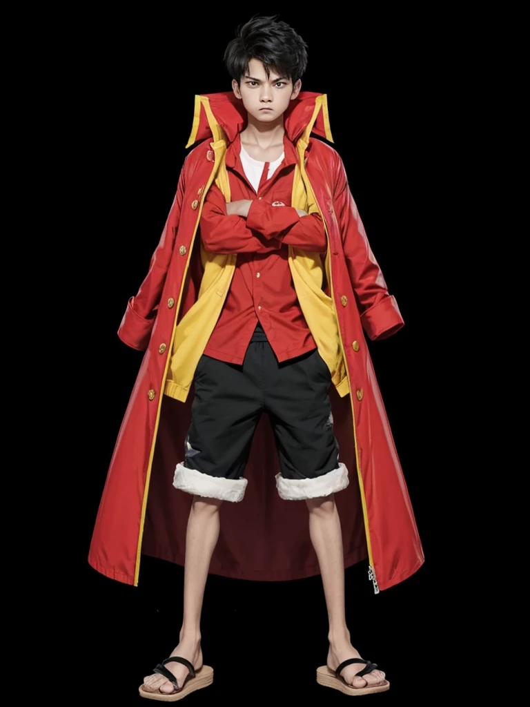 A full body boy, is in a serious angry mood, wearing a red shirt, with black shorts, wearing a simple slipper on your feet, with a red jacket 