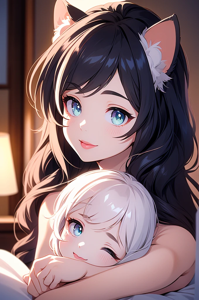 realistic, photorealistic, 1 mother cat girl, 1 daughter cat girl, mother and daughter on bed, smiling, mother with large breasts, daughter with short bobbed hair, mother applying lipstick, mother kissing daughter, detailed facial features, extremely detailed eyes, extremely detailed lips, warm lighting, pastel colors, soft focus, elegant, tender, loving, intimate, masterpiece, best quality, 8k, highly detailed, cute little daughter, nude
