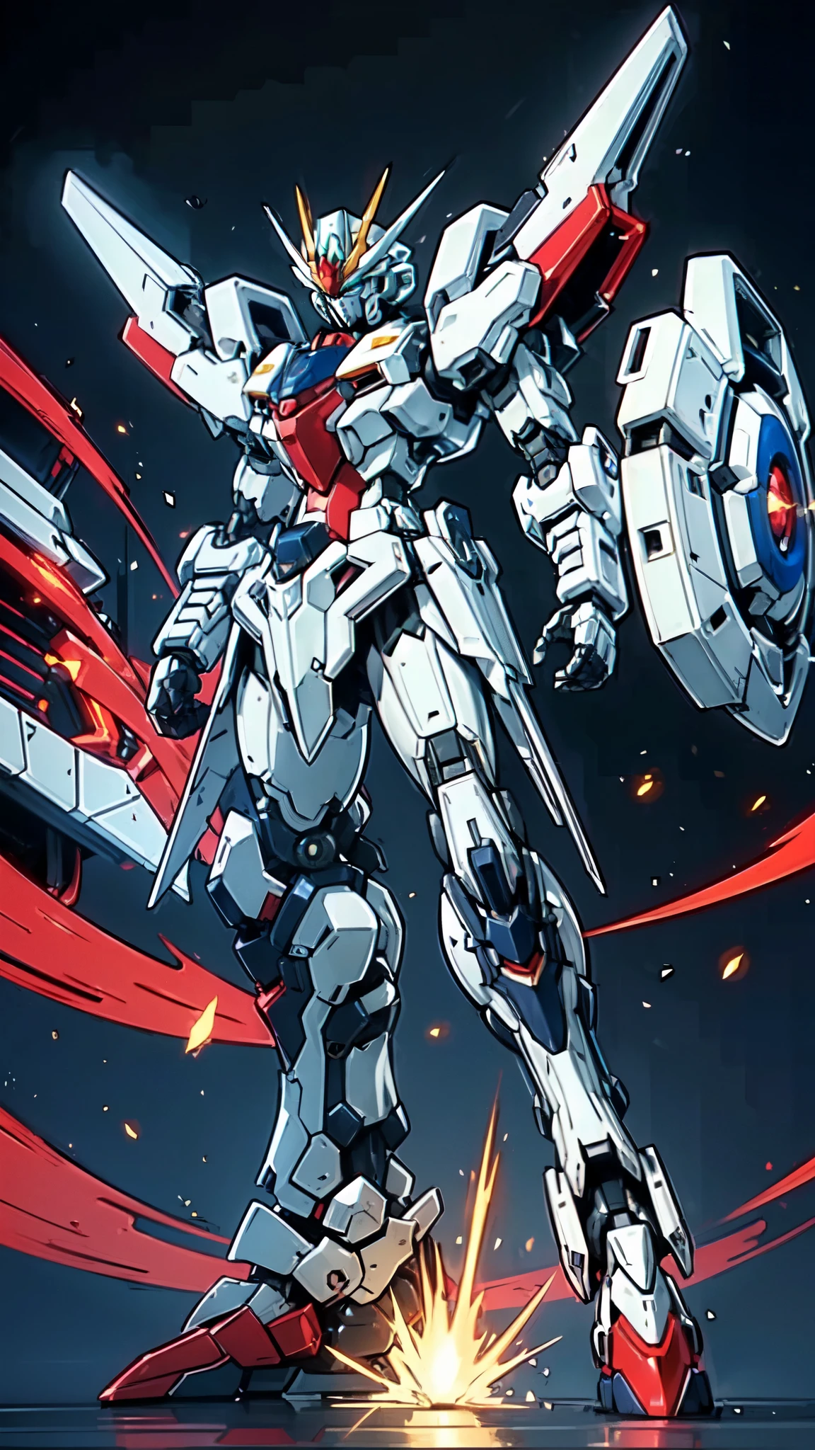 (masterpiece:1.5, best quality:1.5, extremely delicate:1.5), humanoid Mecha, fully enclosed shoulder guards, matching arm and leg guards, full body, full armor, the design balances heavy with agility, (the color scheme is primarily white with red and blue accents, the concept Inspired by Super robot, organic biotech armor, standing, floating high above the futuristic sci-fi city), exquisite and mature art style, (aura effect, energy, glowing eyes, the armor glows), metallic, dramatic, high definition, highres, ultra-detailed, ultra-fine painting, professional, perfect body proportions, anatomically correct, symmetrical face, extremely detailed eyes and face, high quality eyes, creativity, RAW photo, UHD, 32k, Natural light, cinematic lighting, masterpiece-anatomy-perfect
