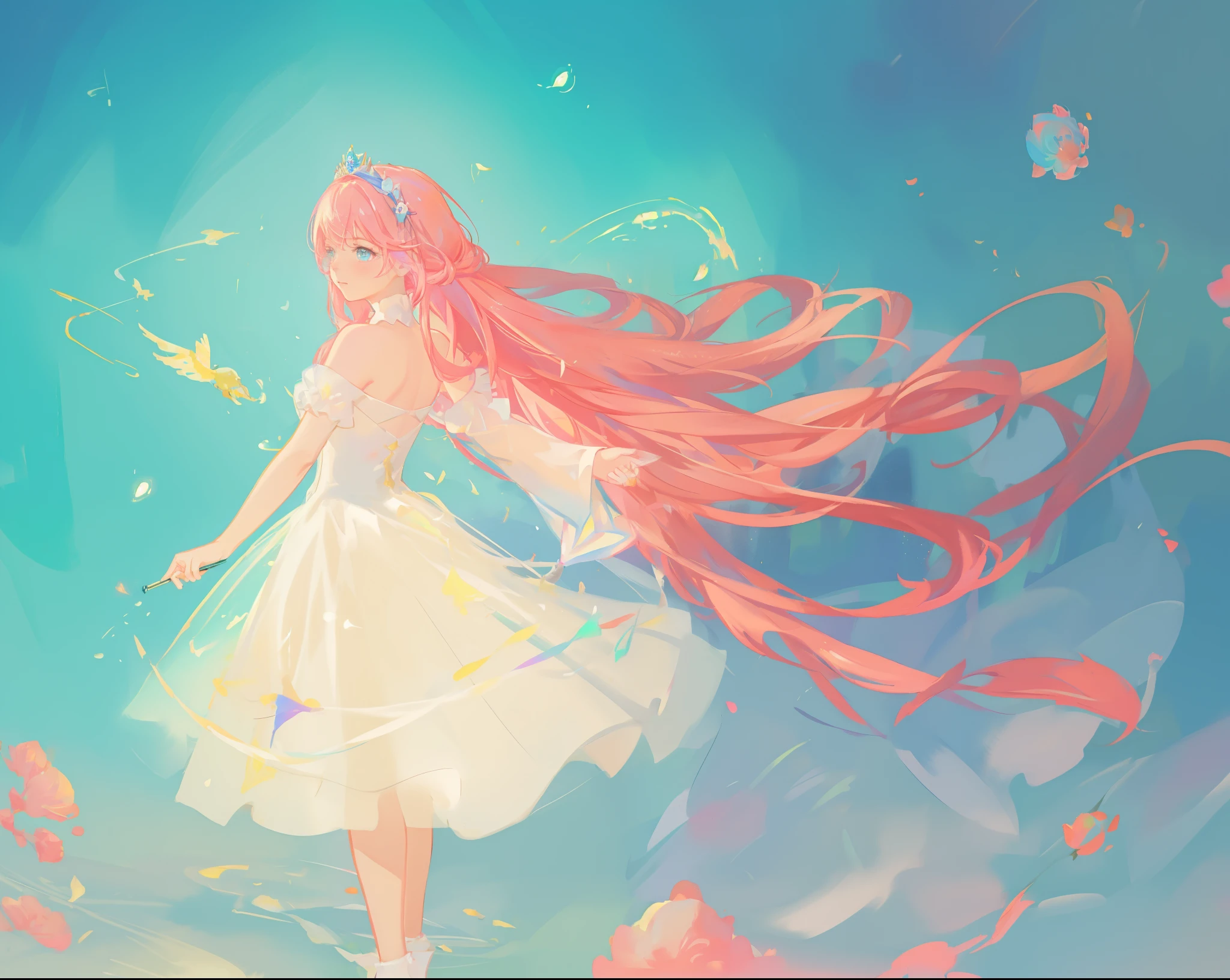 beautiful girl in puffy white tutu dress, vibrant pastel colors, (colorful), magical lights, long flowing pink hair, inspired by Glen Keane, inspired by Lois van Baarle, disney art style, by Lois van Baarle, glowing aura around her, by Glen Keane, jen bartel, glowing lights! digital painting, flowing glowing hair, glowing flowing hair, beautiful digital illustration, fantasia background, whimsical, magical, fantasy, beautiful face, ((masterpiece, best quality)), intricate details, highly detailed, sharp focus, 8k resolution, sparkling detailed eyes, liquid watercolor