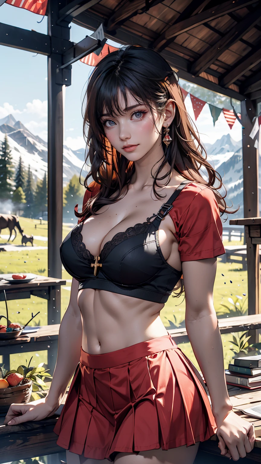 Heidi, the girl of the Alps、24 year old Swiss woman、Yellow short-sleeved shirt、Red front cross bra top((front cross bratop))The best of、Red mini pleated skirt、patten、Mountainous regions of the Alps、Grazing cows