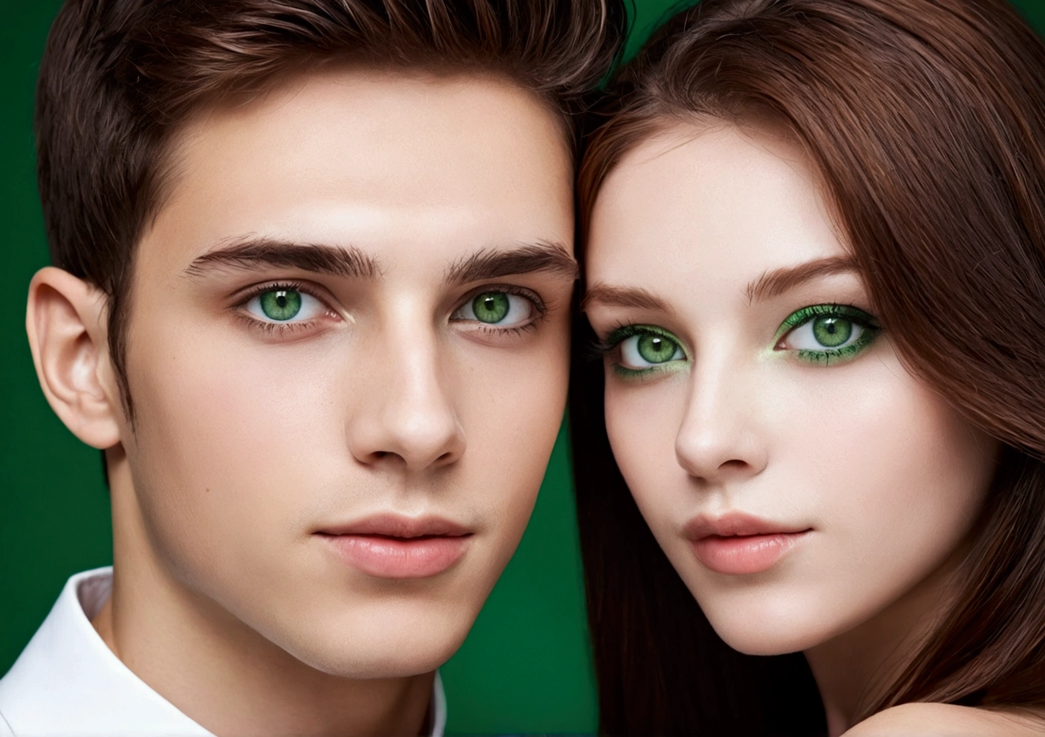 Young couple white skin brown hair, green eyes, 