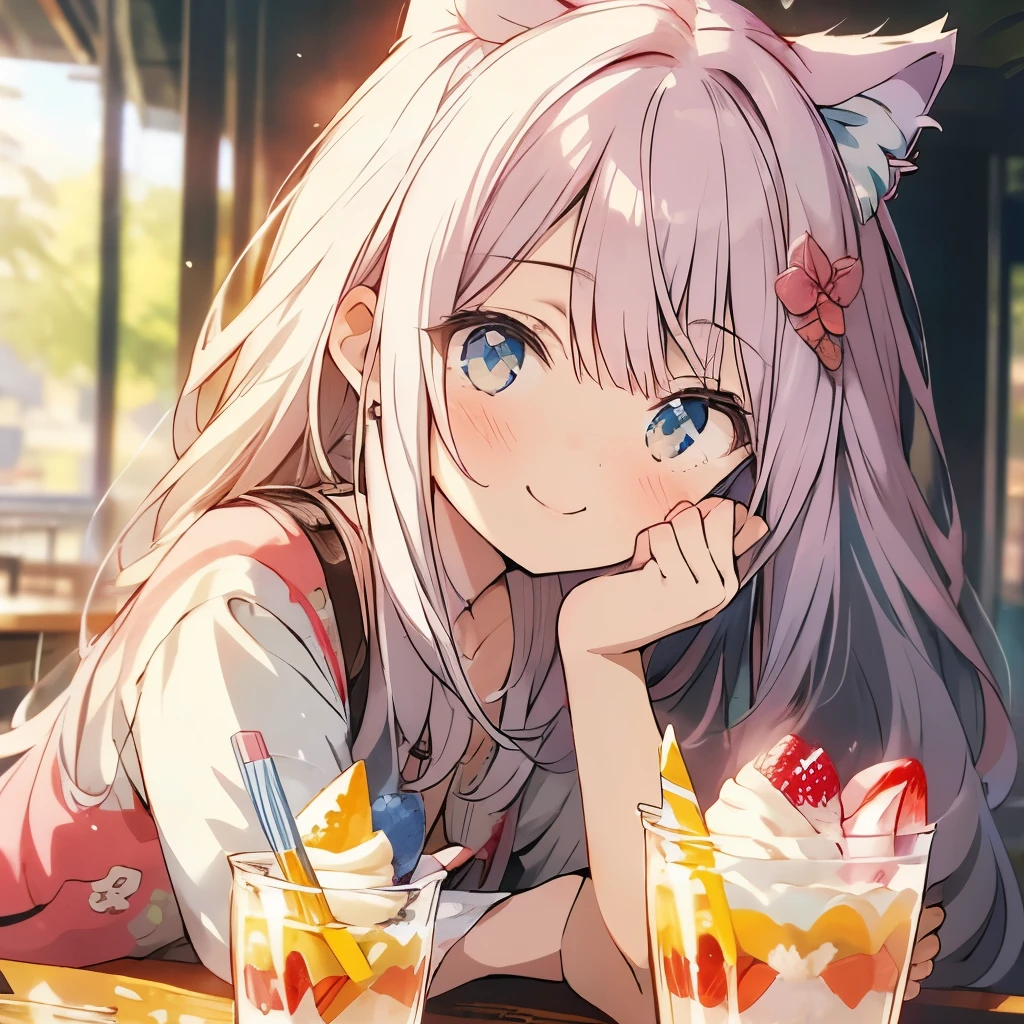 masterpiece、girl、White Hair、Long Hair、Sparkling eyes、Cat ear、Embarrassed face、bright、sweets、sweets、cake、Candy