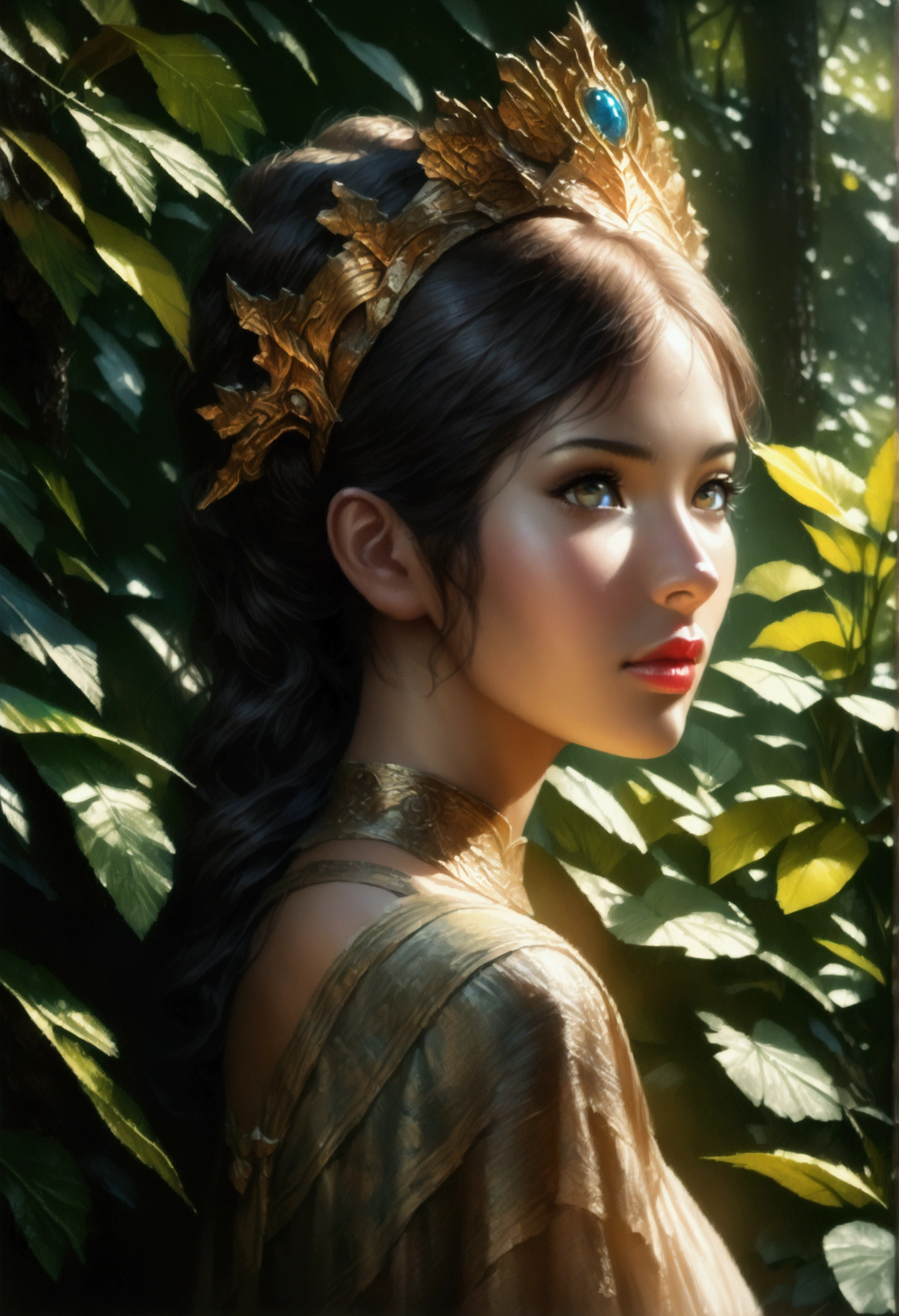 a girl with 4 eyes, beautiful detailed eyes, beautiful detailed lips, extremely detailed eyes and face, long eyelashes, elegant dress, ornate headpiece, fantasy nature environment, lush foliage, glowing ethereal lighting, vibrant colors, cinematic composition, (best quality,4k,8k,highres,masterpiece:1.2),ultra-detailed,(realistic,photorealistic,photo-realistic:1.37),vibrant colors,digital painting,concept art