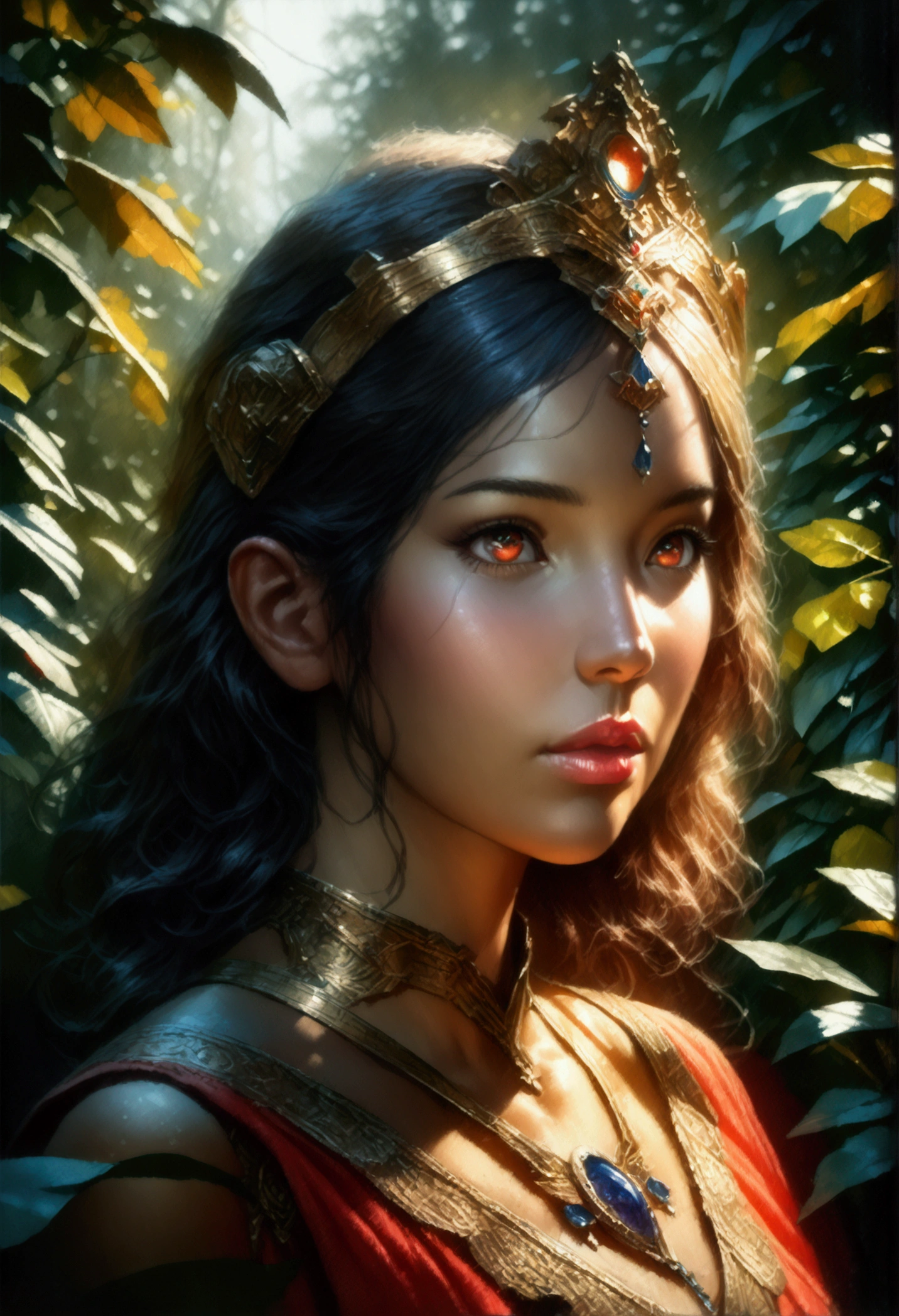 a girl with 4 eyes, beautiful detailed eyes, beautiful detailed lips, extremely detailed eyes and face, long eyelashes, elegant dress, ornate headpiece, fantasy nature environment, lush foliage, glowing ethereal lighting, vibrant colors, cinematic composition, (best quality,4k,8k,highres,masterpiece:1.2),ultra-detailed,(realistic,photorealistic,photo-realistic:1.37),vibrant colors,digital painting,concept art