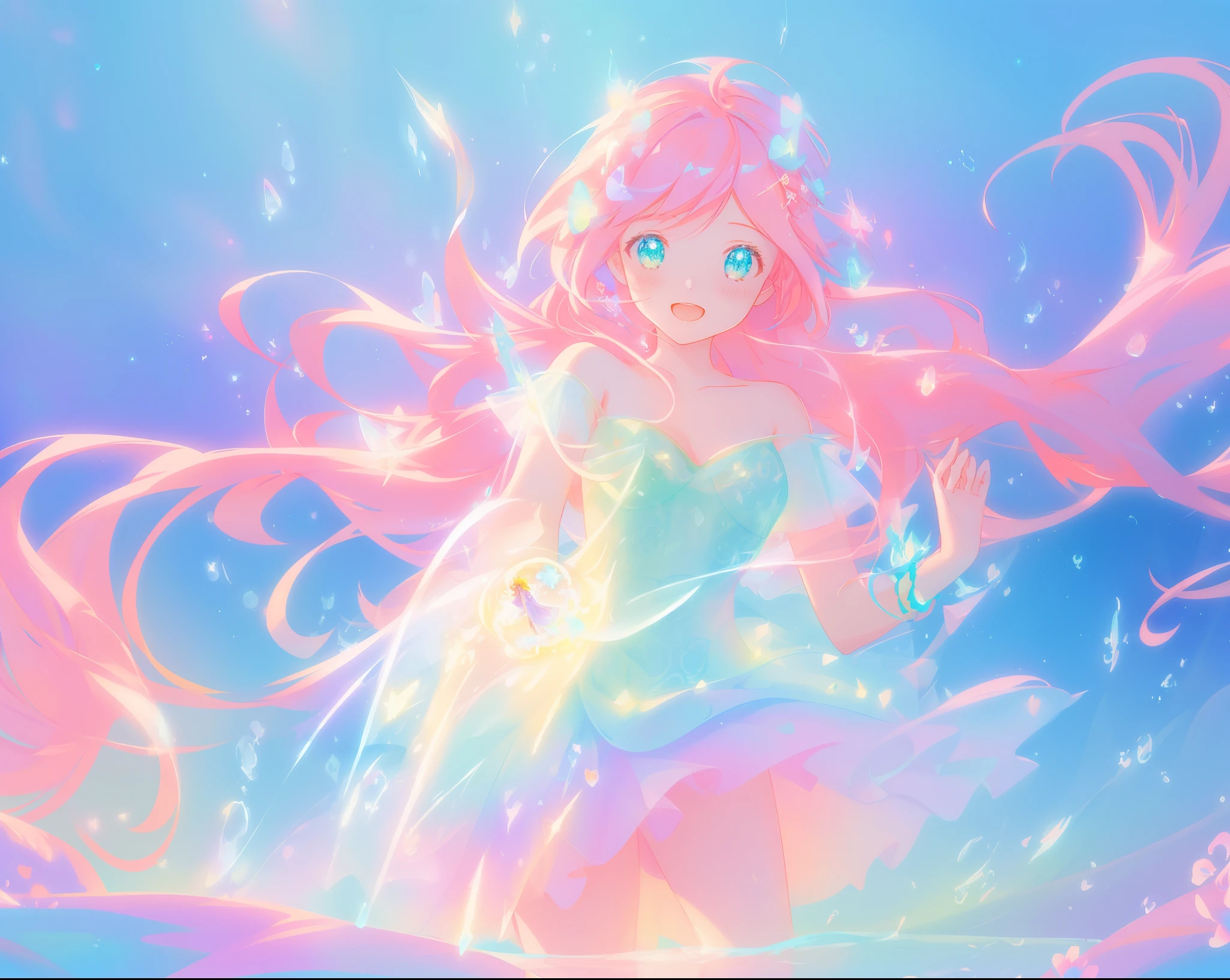 beautiful girl in sparkling white puffy dress, vibrant pastel colors, (colorful), magical lights, long flowing colorful pink hair, otherworldly aqua and blue landscape background, inspired by Glen Keane, inspired by Lois van Baarle, disney art style, by Lois van Baarle, glowing aura around her, by Glen Keane, jen bartel, glowing lights! digital painting, flowing glowing hair, glowing flowing hair, beautiful digital illustration, fantasia background, whimsical, magical, fantasy, beautiful face, ((masterpiece, best quality)), intricate details, highly detailed, sharp focus, 8k resolution, sparkling detailed eyes, liquid watercolor