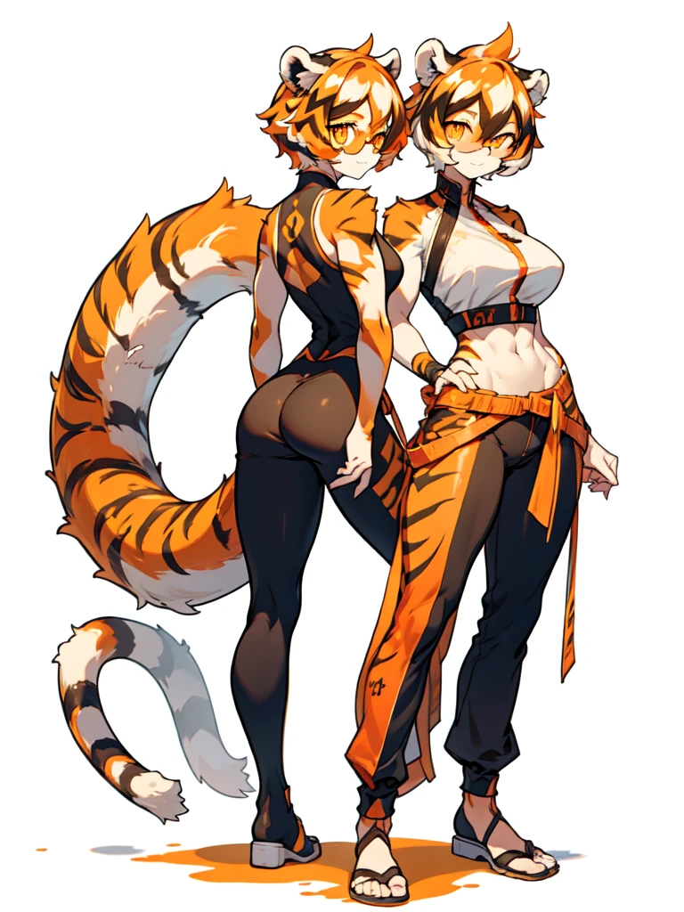 white background, full body, 1girl, solo, Standing:1.5, animal ears, white hair, black hair, short hair, large breasts, Abdominal muscles, tail, orange eyes, orange hair, multicolored hair, tiger girl, hair between eyes, tiger_ears, tiger_tail, orange-tinted_eyewear, tinted_eyewear, big breasts, evil smile, Shadows under feet, sey ass,back,(((sexy outfit:1.2)))