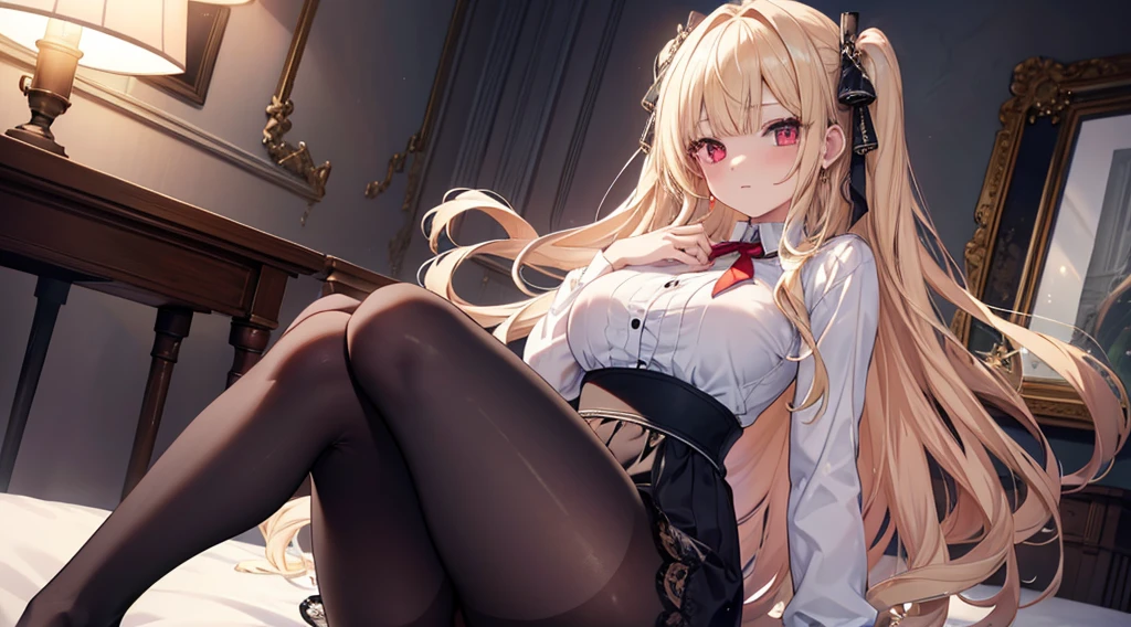 Highest quality, masterpiece, figure, wallpaper,One girl,White shirt, Light Hair, Beautiful detailed girl, Highly detailed eyes and face, Beautiful attention to detail, Shine,Browsing Caution, View your viewers, bed, night, Black Pantyhose, Straight hair, Red Eyes, long hair,Blonde, thick_Thighs, Large Breasts, Red eyes,Sitting、Five fingers、Fingers crossed