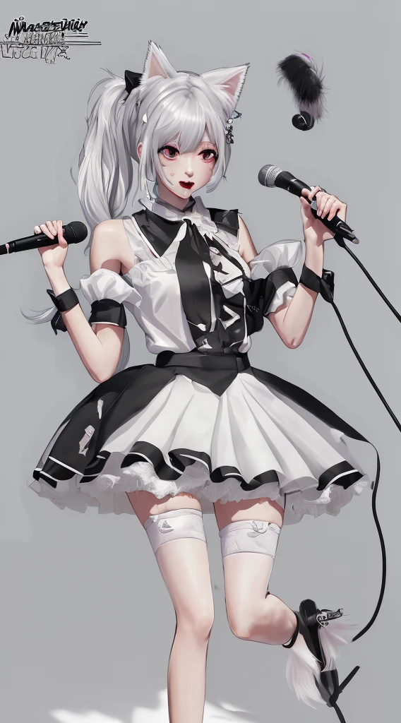 ((masterpiece, high quality, best quality, 8K, wallpaper, Thin lines, Very detailed, absurd)),A cute girl with double ponytails holding a microphone, wearing cat ear hair accessories, with a full figure, wearing a fluffy skirt, Leg rings, and white hair