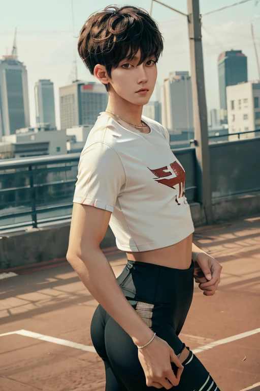 Young man wearing leggings,t shirt,long legs, thick thighs, large wide hips, thin and narrow weist, big large feminine bre-asts , very small spikey boyish haircut , penis bulge , running court , bearded