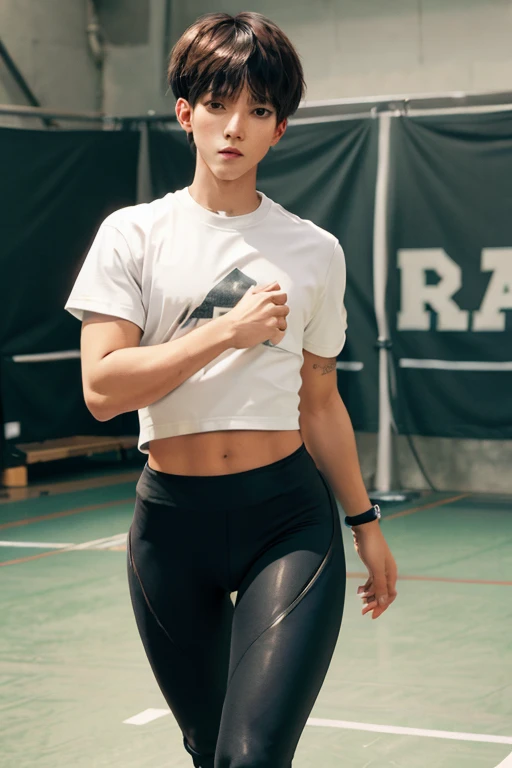 Young man wearing leggings,t shirt,long legs, thick thighs, large wide hips, thin and narrow weist, big large feminine bre-asts , very small spikey boyish haircut , penis bulge , running court 