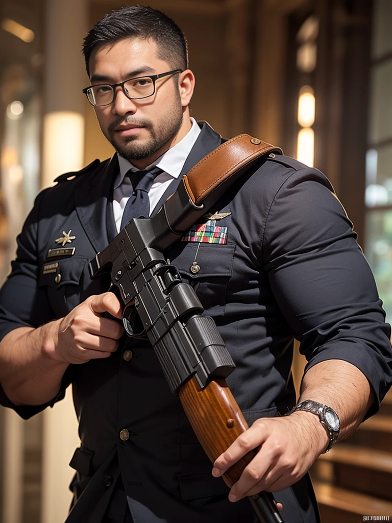 crew cut, (((full body))), mature man, [slightly fat], asian man, brown eyes, rounded face, glasses, slightly balding, (big shoulders), (((stubbles, Short beard))), (((full beard))), (Beautiful eyes:1.3), (Detailed face:1.3), military uniform, AK-47, AKM, kalashnikov_rifle, assault_rifle, holding_gun