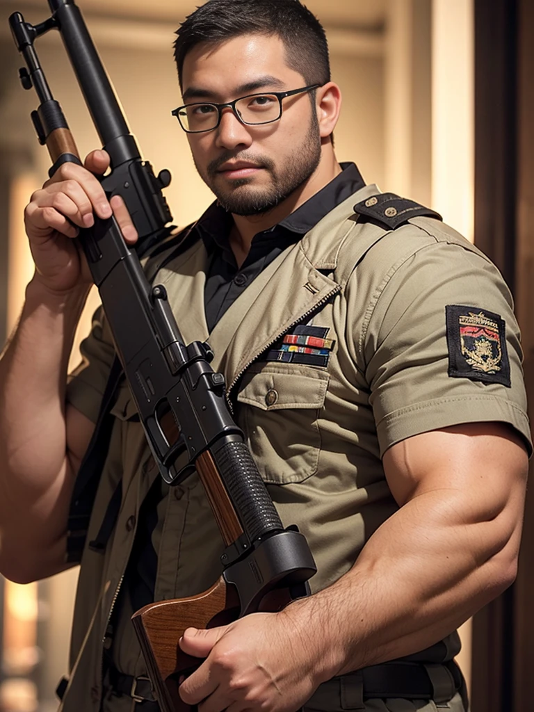 crew cut, (((full body))), mature man, [slightly fat], asian man, brown eyes, rounded face, glasses, slightly balding, (big shoulders), (((stubbles, Short beard))), (((full beard))), (Beautiful eyes:1.3), (Detailed face:1.3), military uniform, AK-47, AKM, kalashnikov_rifle, assault_rifle, holding_gun