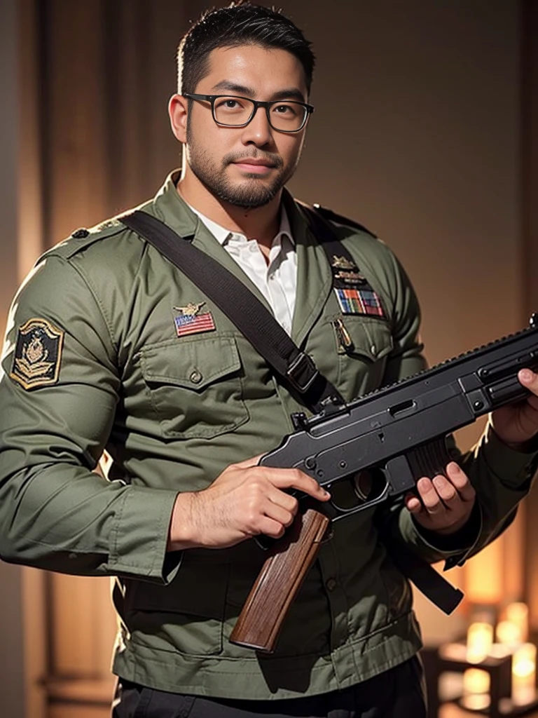 crew cut, (((full body))), mature man, [slightly fat], asian man, brown eyes, rounded face, glasses, slightly balding, (big shoulders), (((stubbles, Short beard))), (((full beard))), (Beautiful eyes:1.3), (Detailed face:1.3), military uniform, AK-47, AKM, kalashnikov_rifle, assault_rifle, holding_gun