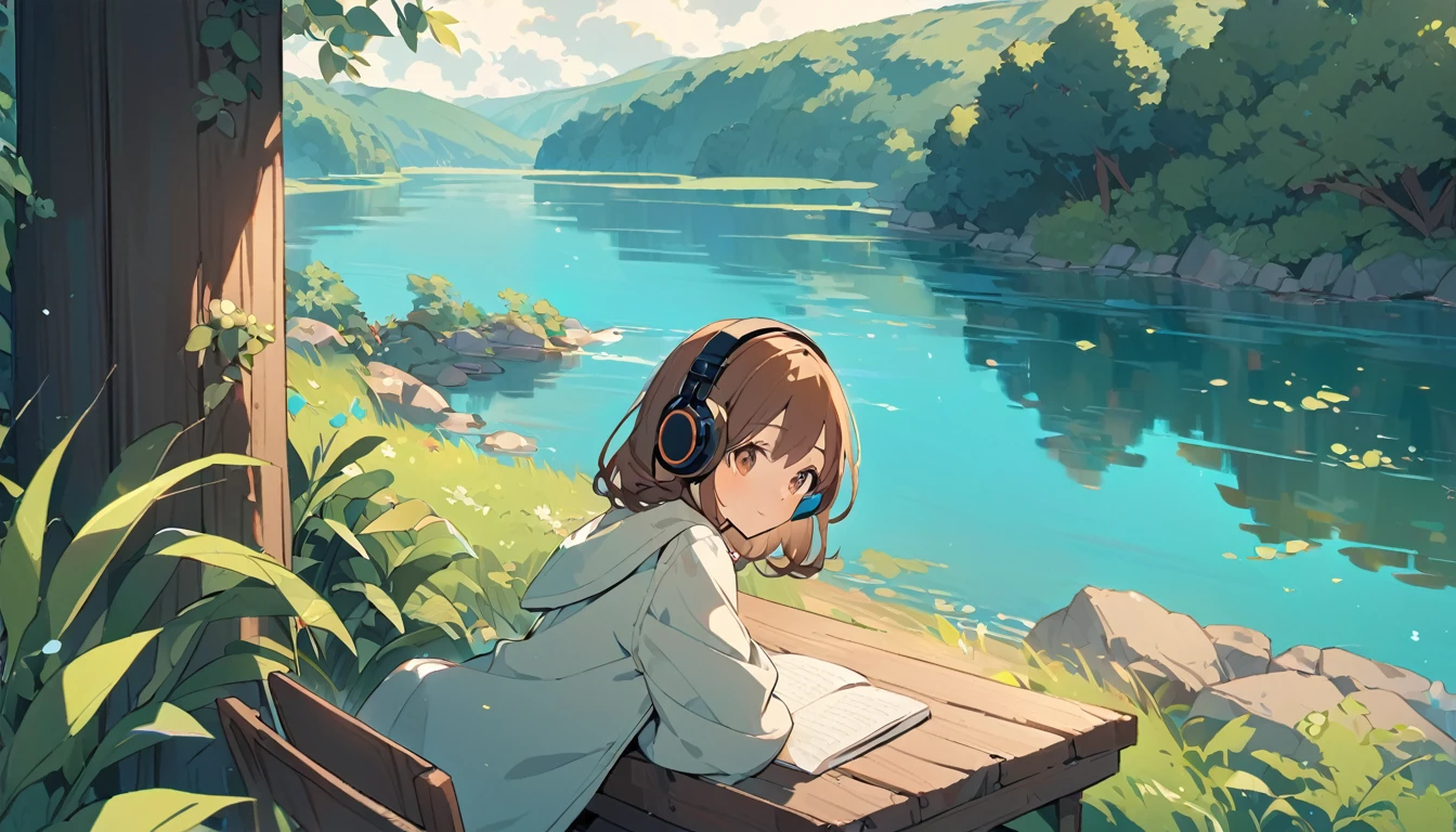 Girl wearing headphones,Brown Hair,1 person,bright,Detailed Ghibli-inspired background,「Quiet lakeside」 - Relax by the lake,cute,pop