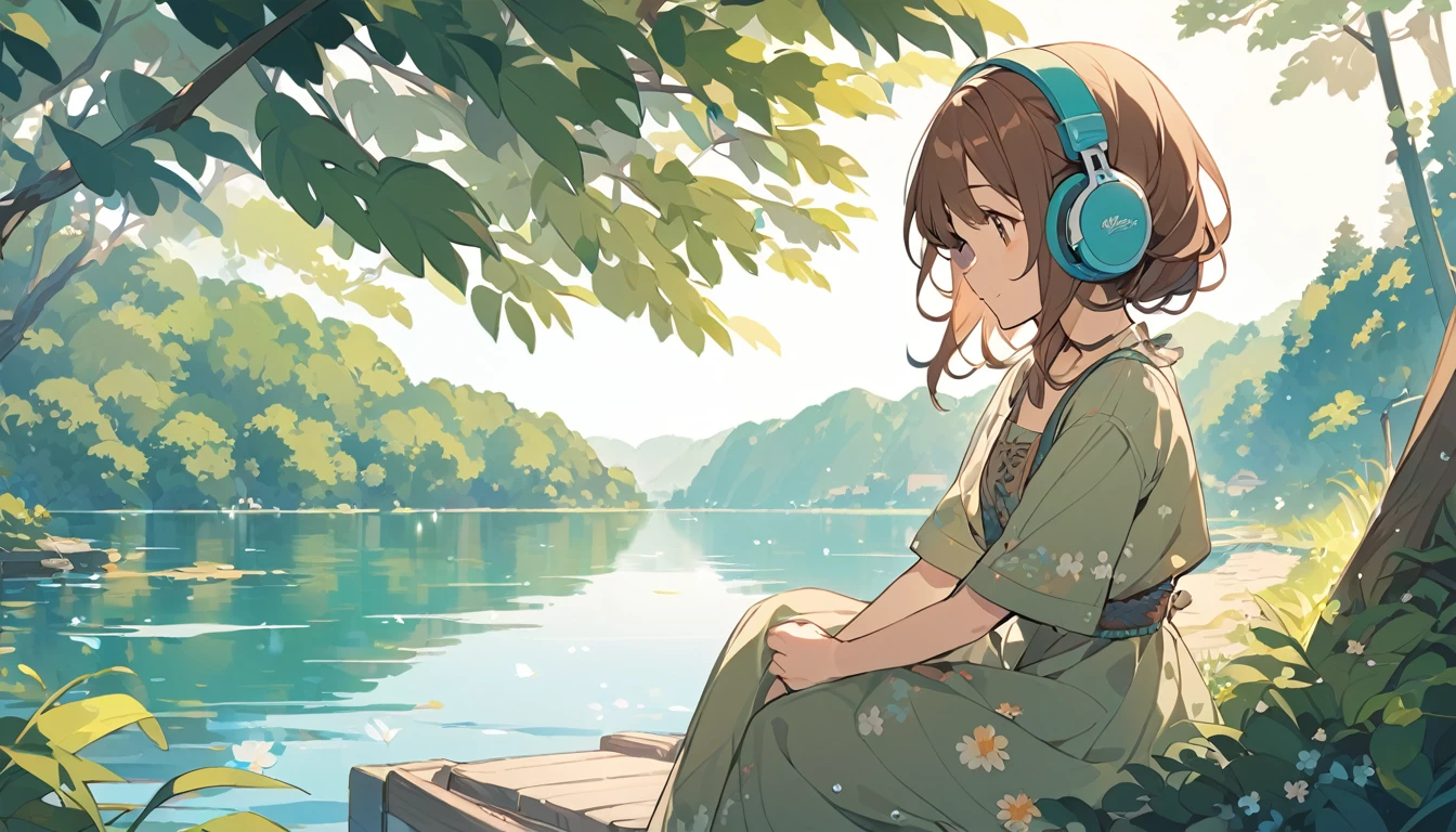 Girl wearing headphones,Brown Hair,1 person,bright,Detailed Ghibli-inspired background,「Quiet lakeside」 - Relax by the lake,cute,pop