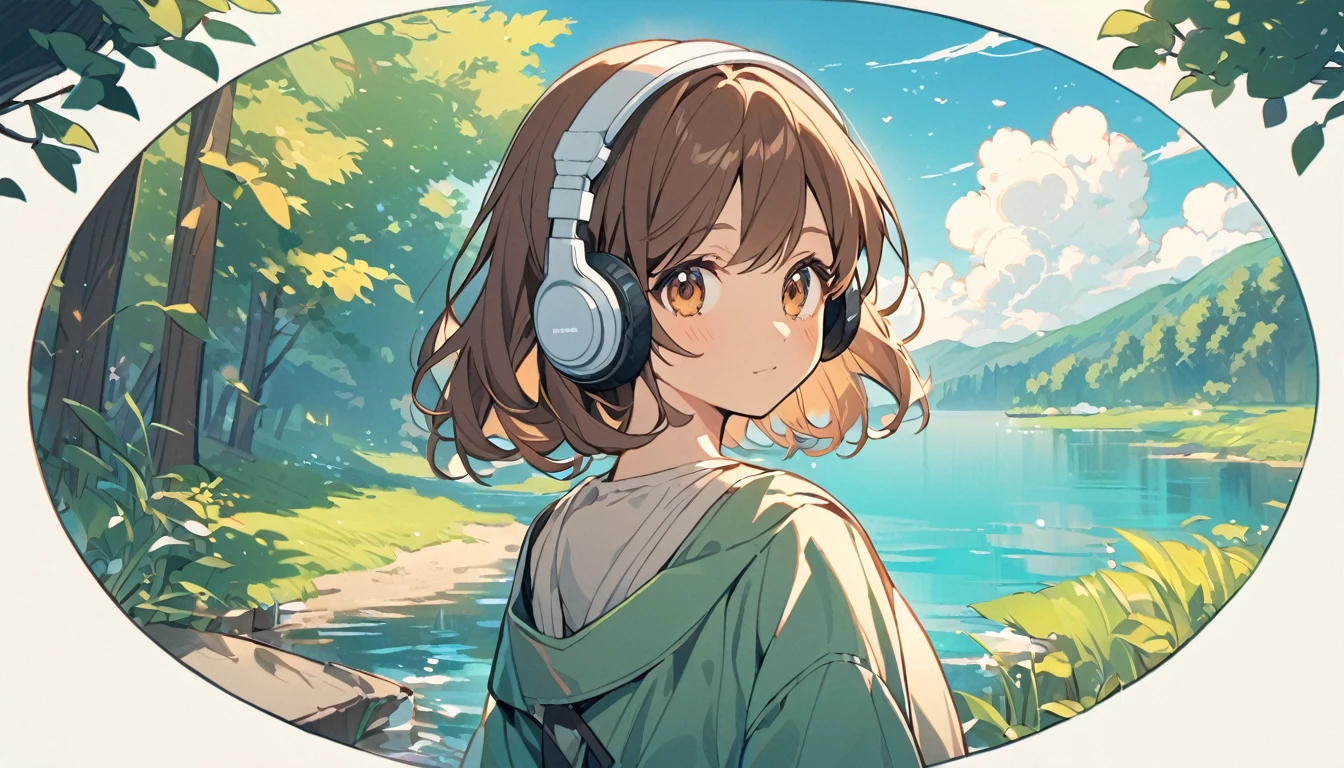 Girl wearing headphones,Brown Hair,1 person,bright,Detailed Ghibli-inspired background,「Quiet lakeside」 - Relax by the lake,cute,pop