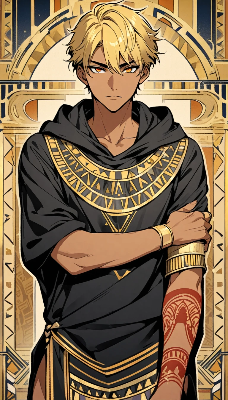 Egyptian Background，Handsome young man, blond, Orange Eyes, short hair, Black Hoodie,high quality, Draw Amount, pixiv illustrations，Tanned skin，Red tattoo on the arm，(Egyptian style，Egyptian Dress Up)