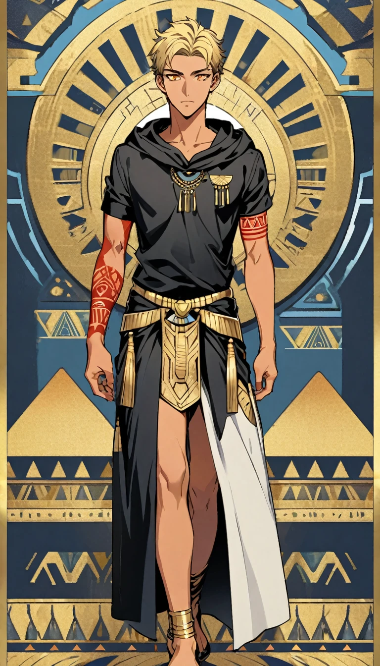 Egyptian Background,Handsome young man, blond, Orange Eyes, short hair, Black Hoodie,high quality, Draw Amount, pixiv illustrations,Tanned skin,Red tattoo on the arm,(Egyptian style,Egyptian Dress Up)