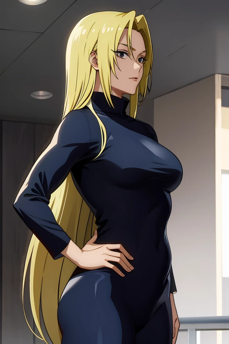 Yuki tsukumo from jujutsu kaisen, long hair, blonde hair, long belly, big , tight body, front view detailed body , bodysuit, looking at viewer, cowboy shot 