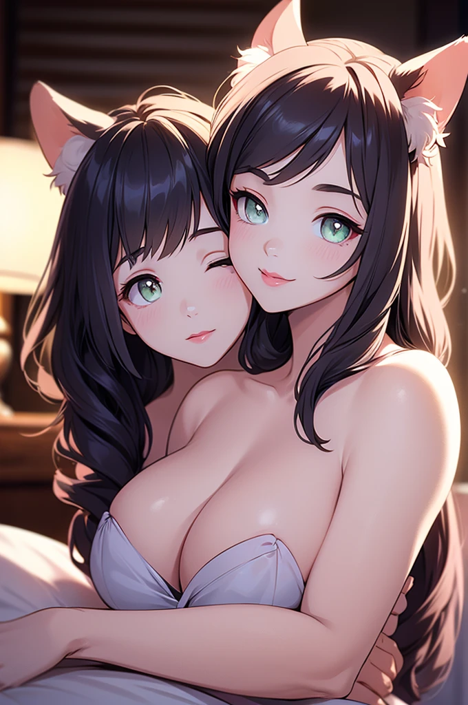 realistic, photorealistic, 1 mother cat girl, 1 daughter cat girl, mother and daughter on bed, smiling, mother with large breasts, daughter with short bobbed hair, mother applying lipstick, mother kissing daughter, detailed facial features, extremely detailed eyes, extremely detailed lips, warm lighting, pastel colors, soft focus, elegant, tender, loving, intimate, masterpiece, best quality, 8k, highly detailed, cute little daughter, nude