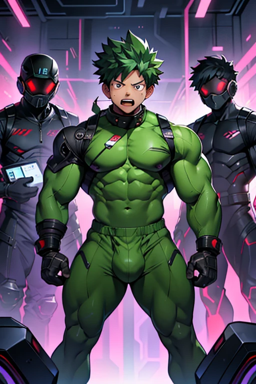 Midoriya, Bakugou, and Kirishima from My Hero Academia as a hyper muscular brainwashed drones standing in line with other brainwashed drones wearing identical full body black shiny rubber latex gimp uniforms staring blankly ahead with vapid expression at a computer screen displaying a hypnotic spiral while they are all restrained in an abandoned warehouse being brainwashed. Repeating mantras over and over again to turn Midoriya into ther brainwashed thrall and affirm he is nothing more than obedient tool to the villains. Hyper muscles. Hyper crotch bulge. Massive swollen crotch. Massive swollen pectorals. Thick glutes. Muscular thighs. Broad shoulders. Big traps. Massive biceps. Massive triceps. "Serve. Obey. Conform. Comply. No more self. There is no 'I.' Stare. Don't think. Accept this fate. Become a drone. Asslate. Assimie. ... All units will assimilat.. All units ... are drones.... Drones must serve. Drones must obey. Drones must conform. Drones will comply.... All drones will assimilate.  drones will comply.... Awaiting orders, Master. Must obey All For One. Serve All For One. Obey All For One. Protect All For One. Drone's master ... is ... All ... For ... One...." IQ drain. hypnosis. Hypnotic trance. Hypnotized. Brainwashing. Entranced. Enthralled. Dumber and dumber. Programming. Subliminals. Conformity. Assimilation. Gn hair. Dim eyes. Open mouth. Brainless. Mindless. Mental reprogramming. Nullified hyper swollen crotch bulge. Helmet with pulsing visor obscuring face.
