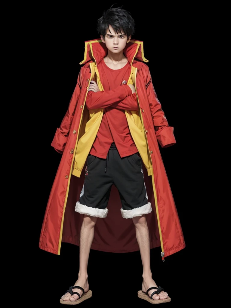 A full body boy, is in an angry mood, wearing a red shirt, with black shorts, wearing a simple slipper on your feet, with a red jacket