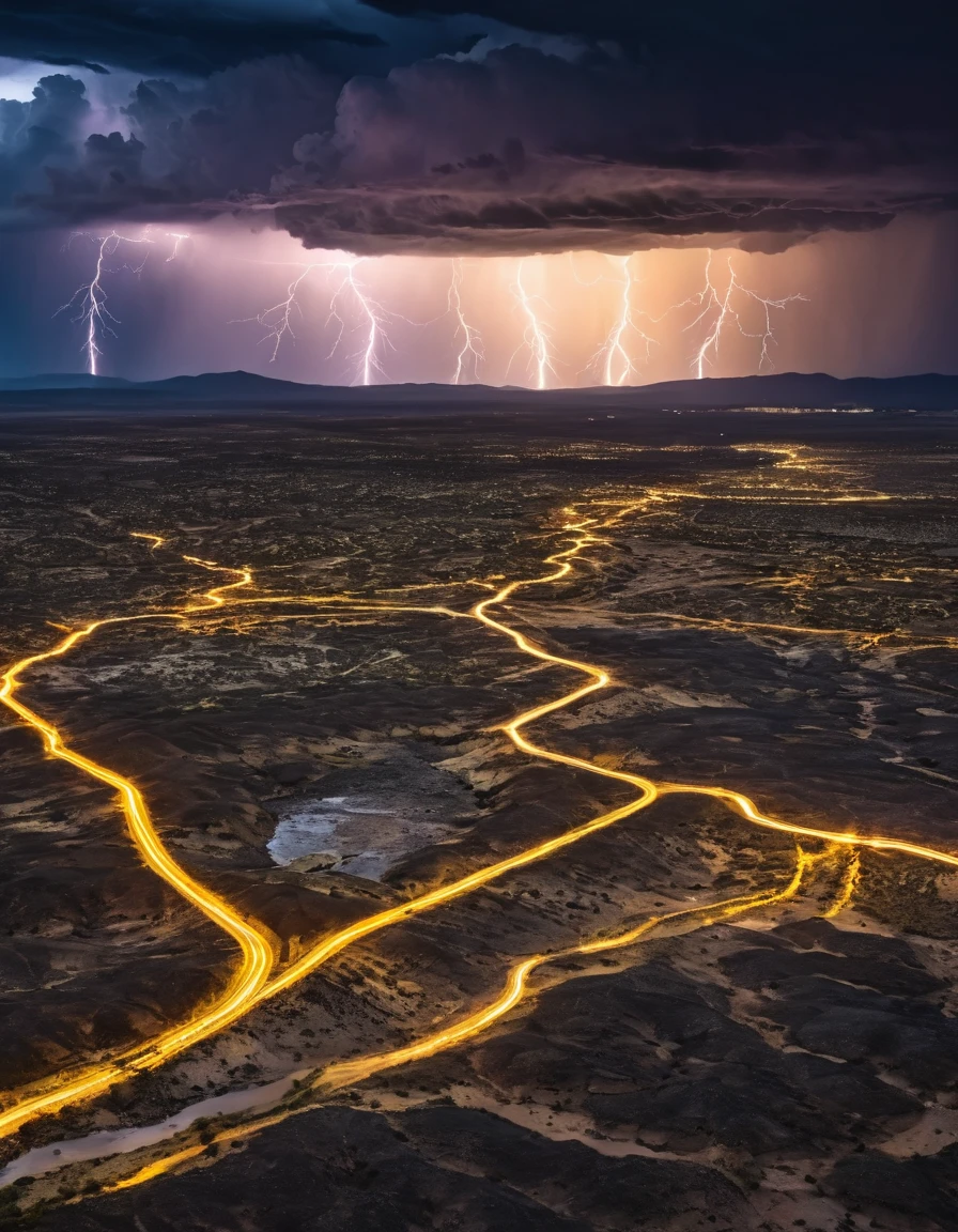 Uma area seca (wasteland) and a storm at dusk with yellow lightning