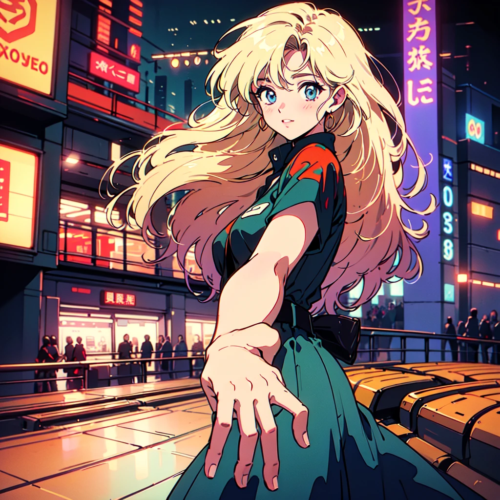 A city pop poster with a retro 80s feel、Imagine the album cover。With the highest quality anime illustrations、The main character is a blonde girl with short hair.。Her eyes shine blue、Dressed in rapper style clothing、I&#39;m wearing headphones。

The image is in a dynamic pose.、Drawn from a novel angle。Created in high definition like 4K、Creates the feeling of being in a dark room。The room was lit by blue lights.、It has a fantastic atmosphere。The room is a small space like a 1K.、The window offers a view of downtown Shinjuku.。

This work depicts a night city enveloped in neon lights.、This will be a record that allows you to fully enjoy the charm of city pop.。