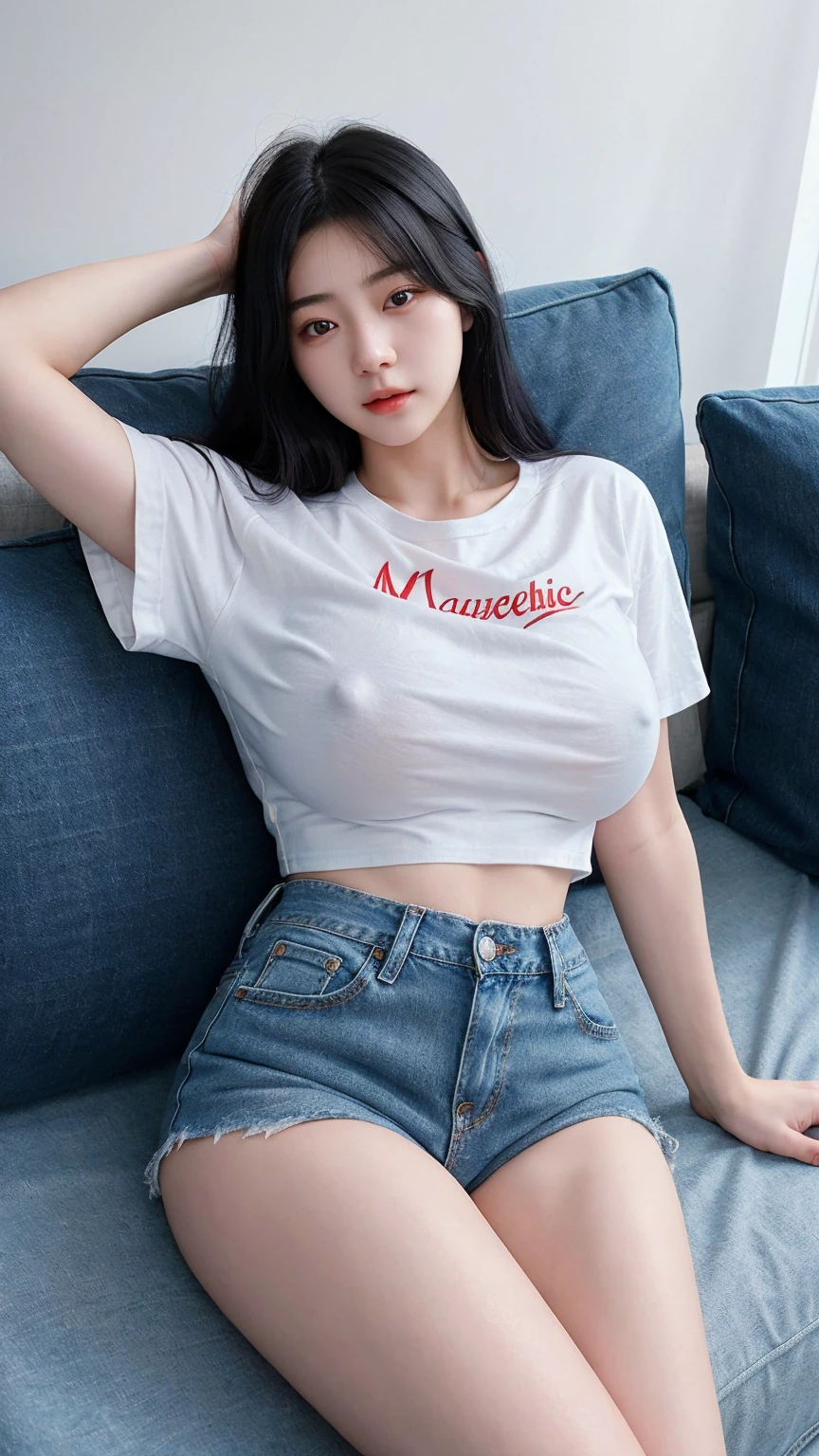 top-quality、​masterpiece、girl sleeping、20 years old、realistic sitting、Sexy body、large full breasts、white tshirt、denim、revealed her back、Has black hair((top-quality、8K、​masterpiece:1.3))、Photorealistic Superwoman、masutepiece