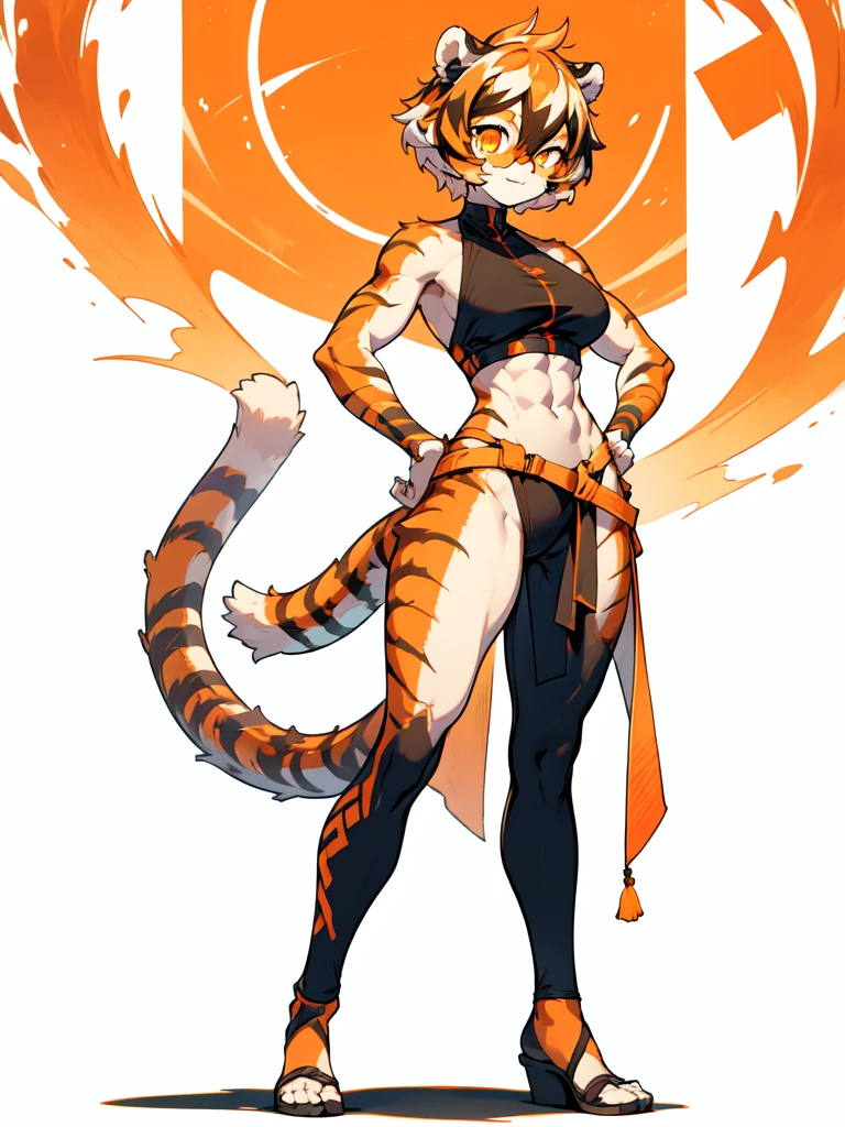 white background, full body, 1girl, solo, Standing:1.5, animal ears, white hair, black hair, short hair, large breasts, Abdominal muscles, tail, orange eyes, orange hair, multicolored hair, tiger girl, hair between eyes, tiger_ears, tiger_tail, orange-tinted_eyewear, tinted_eyewear, big breasts, evil smile, Shadows under feet, sey ass,back,(((slit sexy fun outfit:1.2)))