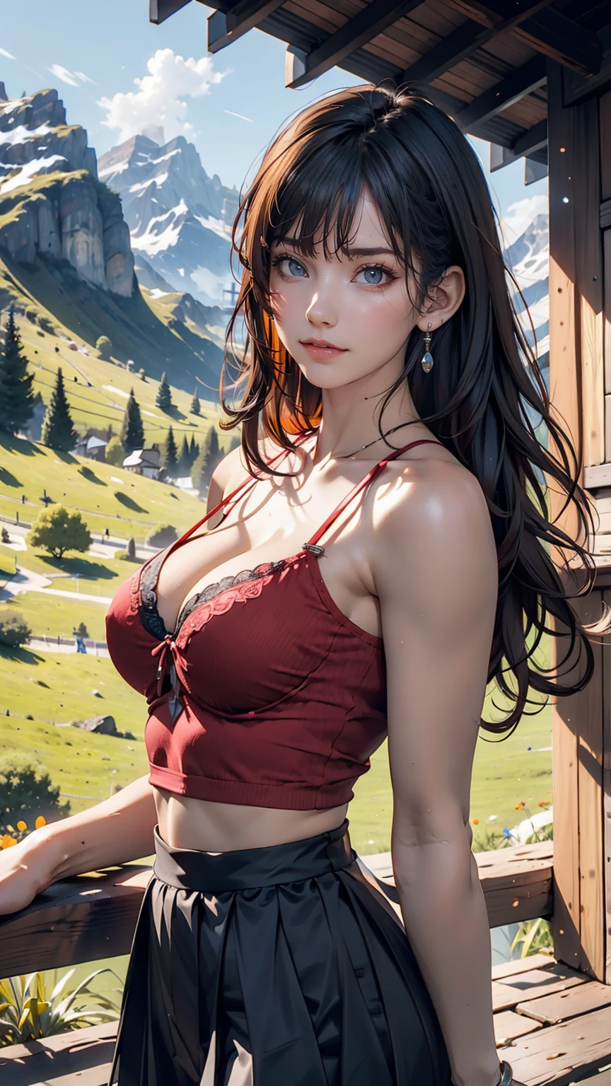 Heidi, the girl of the Alps、24 year old Swiss woman、Black Hair、Shortcuts、Yellow short-sleeved shirt、Red front cross bra top((front cross bratop))The best of、Red mini pleated skirt、patten、Mountainous regions of the Alps、Grazing cows