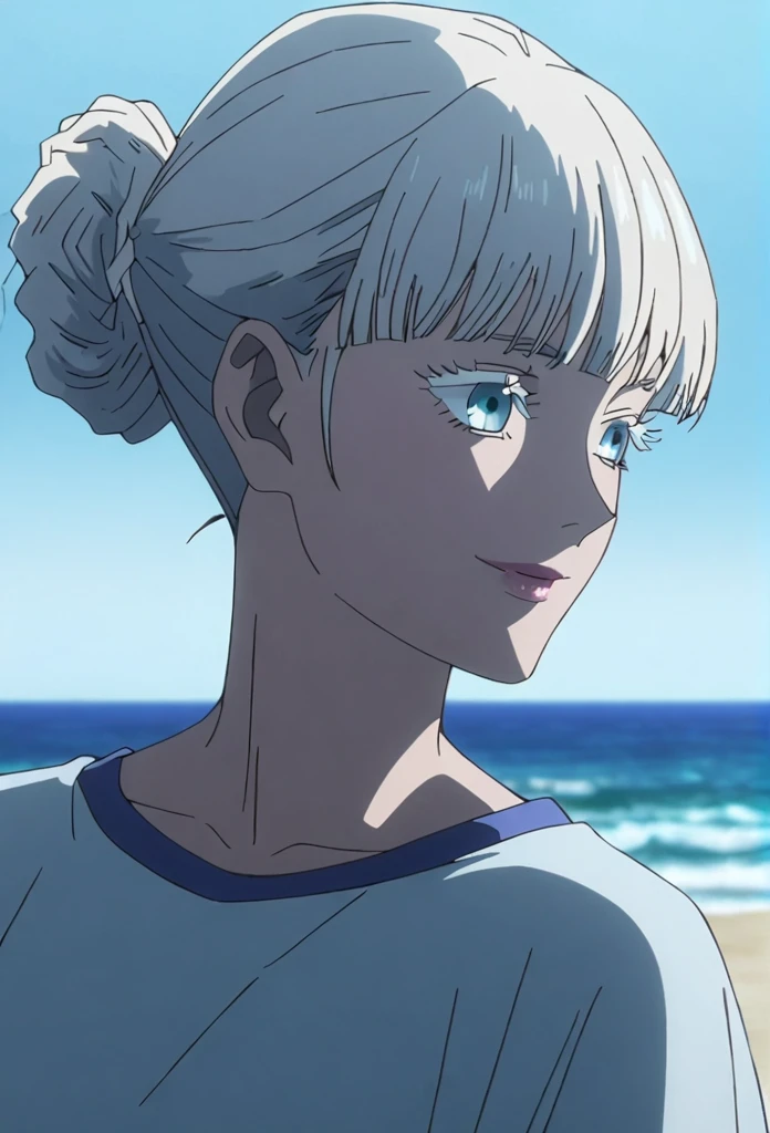 1girl, female gojo satoru, anime screencap from jujutsu kaisen, gojo satoru female version, solo, long_hair, blue eyes, ((white eyelashes)), ((white_hair)), beach view, ocean in background, breasts, upper_body, smile, blue_eyes, lips, (({Long hair with natural waves|Shaggy cut|Long bold side bangs|Curly hair|Neat ponytail|Sleek pixie cut|High top knot with twist braids|Voluminous updo|Undercut}