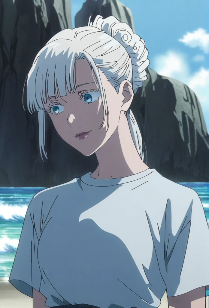 1girl, female gojo satoru, anime screencap from jujutsu kaisen, gojo satoru female version, solo, long_hair, blue eyes, ((white eyelashes)), ((white_hair)), beach view, ocean in background, breasts, upper_body, smile, blue_eyes, lips, (({Long hair with natural waves|Shaggy cut|Long bold side bangs|Curly hair|Neat ponytail|Sleek pixie cut|High top knot with twist braids|Voluminous updo|Undercut}