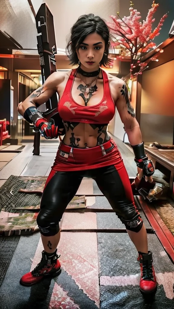 Beautiful Japanese female, (), Mixed Martial Arts trainer, (revealing casual clothing:1.3), (MMA gloves), fit, (muscles:1.2), athletic feminine body, female fitness model body, private MMA octagon background, masterpiece, perfect lighting, ultra high resolution, 8K, she trains men in MMA for a living, she is an exceptional MMA fighter, hard toned feminine body, short hair, bob cut, (hair color is pink:1.2), (sexy smile for the camera:0.7), (very sexy pose), (holding a very large weapon in her hands, holding a very large weapon in her hands, standing with a very large weapon, brandishing a very large weapon:1.3), (tattoos, Japanese tattoos on 60% of her body:1.5), red lips, red high heels, choker, necklace, earrings, (highly detailed:1.4), front view, looking at the camera, pensive expression,