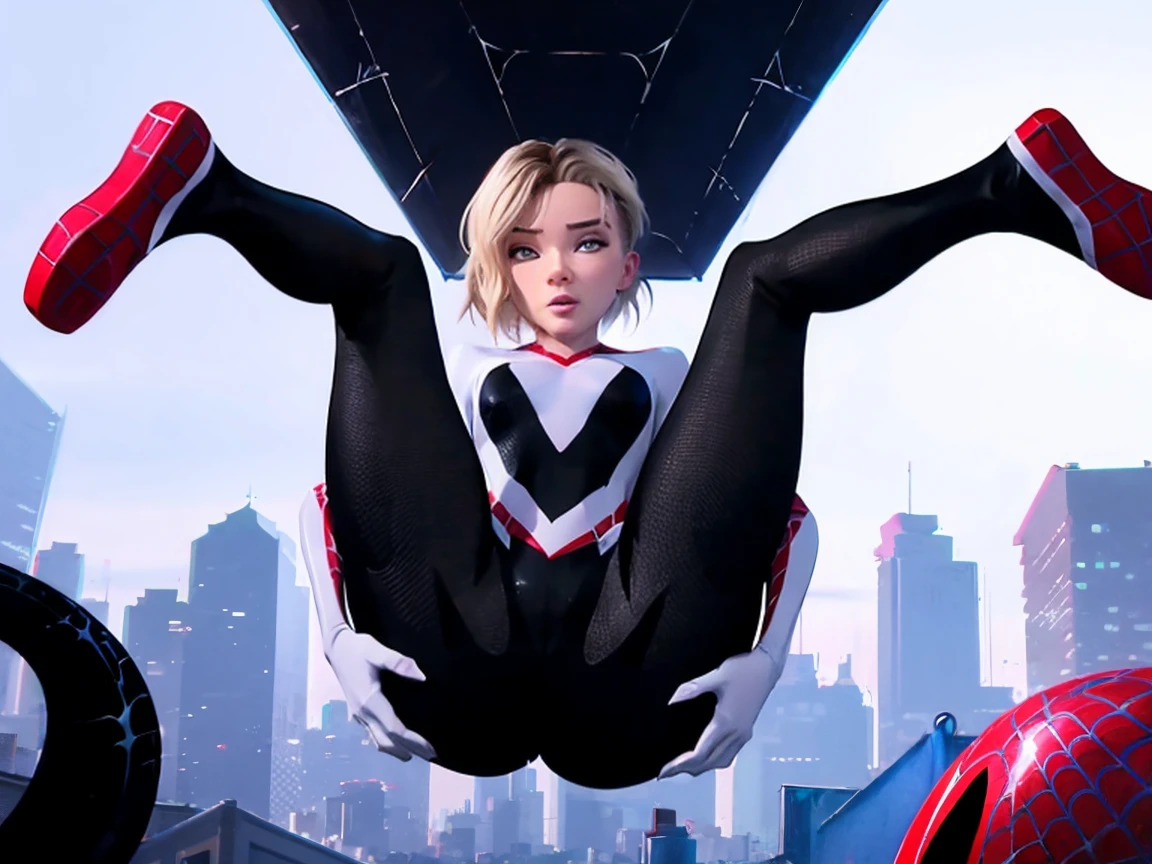 1girl, Sgwen is hanging from spiderwebs above a crowded city street, she is spreading her legs to show the crowd below her cameltoe, suspended in the air by webs, young, open legs, pussy_outline, slut, nsfw, sexy, looking at crowd, audience, old men looking at girl
