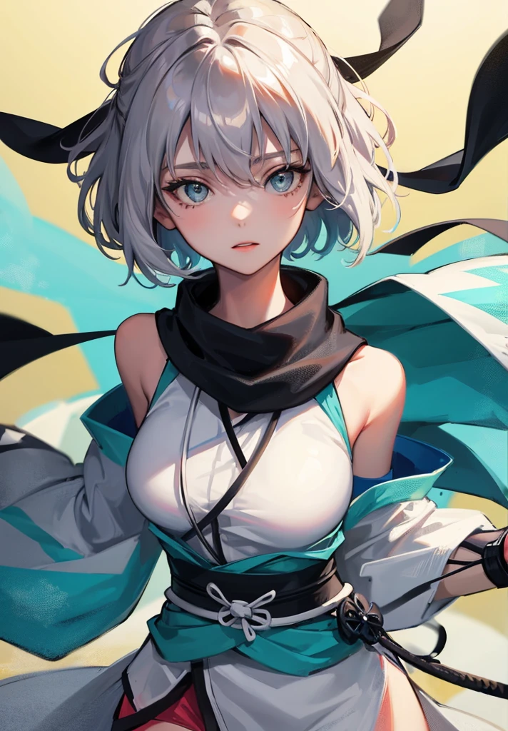 Best Quality, 1 girl, alone, okita_souji, white kimono, scarf, cowboy photography, outdoor, bare shoulders, bare shoulders, sleeveless, looking at the viewer, 