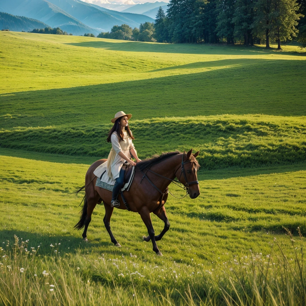 In a green meadow stands a girl leading a group of knights.
BREAK
With a brave expression, she guides them towards their destination.
BREAK
Behind her, a green forest stretches out and beyond that, mountains rise in the distance.
BREAK
The most suitable effect for this scene would be a watercolor painting technique to capture the softness of the meadow and the fluidity of the movement.