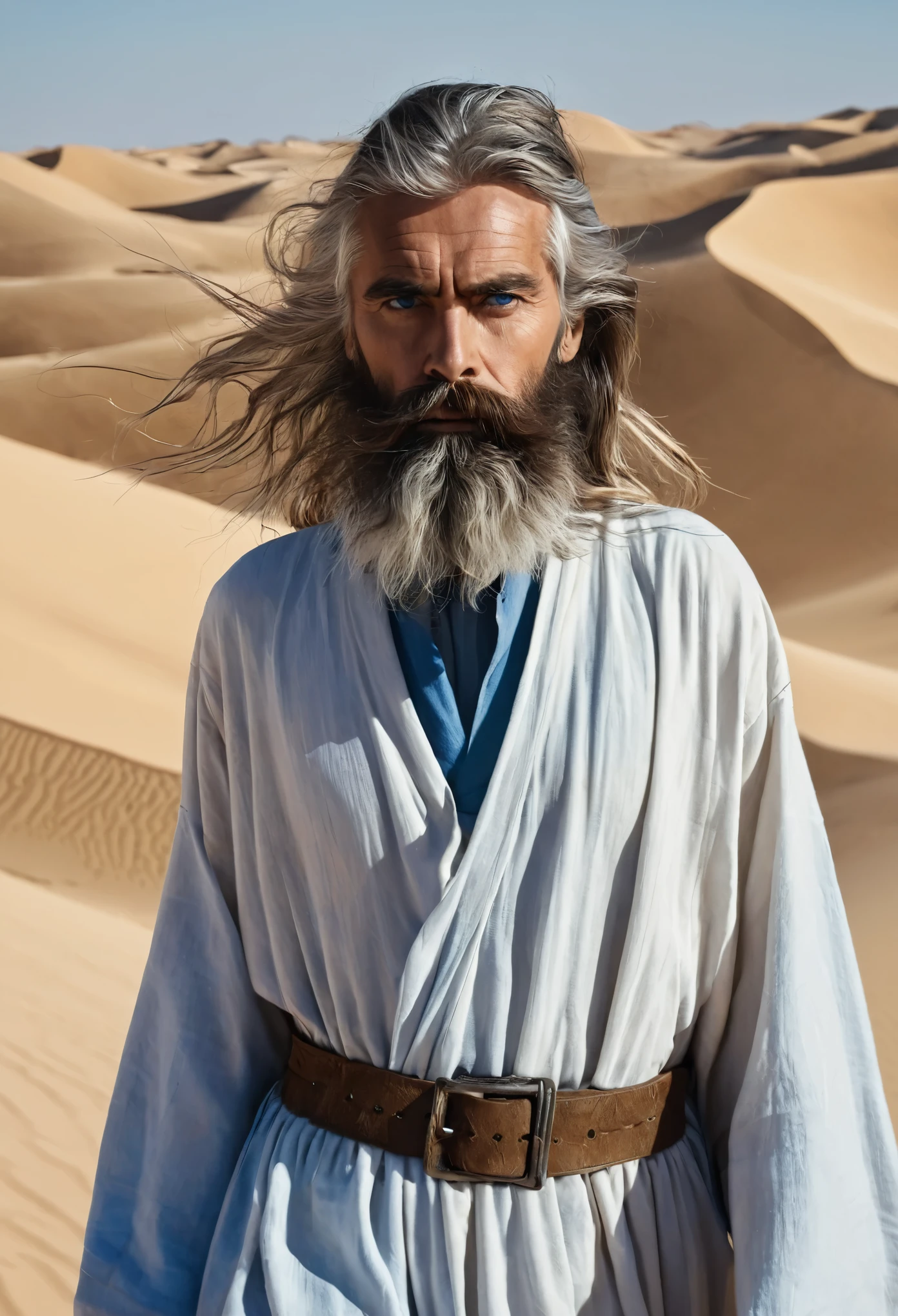 (1 old) medium long hair (offwhite) blue eye (in the middle of the desert (long clothes) serious and wise (bearded)