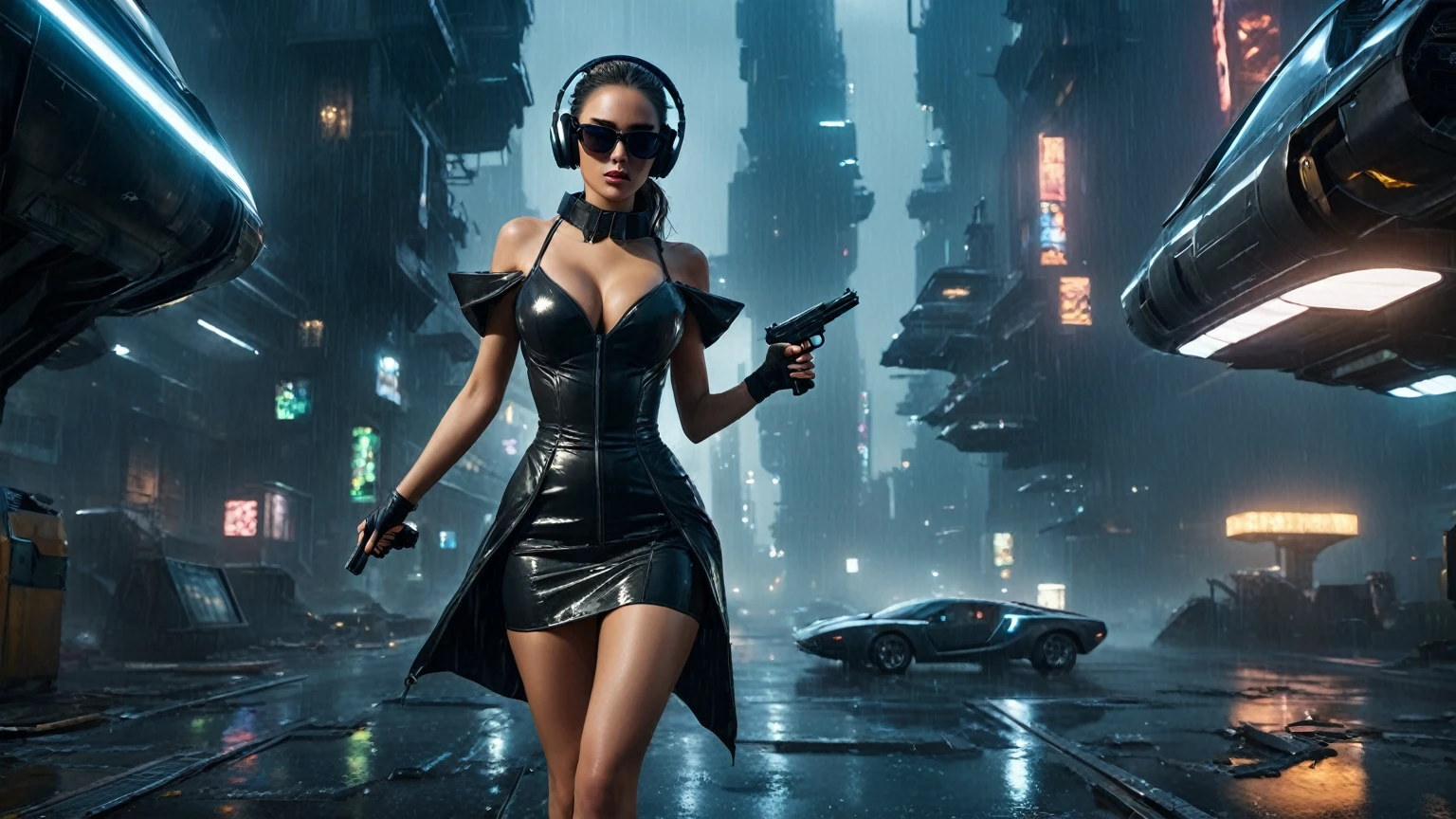(aerial view, a flying cars docking platform, a very dark abandoned futuristic city), rainy night. (((1girl, solo, alone))), large-breast:1.2 slim body, cleavage:1.1, sexy wind blowing wet dress:1.4, (((headphone, black sunglasses, standing and holding pistol:1.8, dynamic rushing pose))), (((((half-body thigh level medium shot))))), cinematic lighting, lens flare, ray tracing.