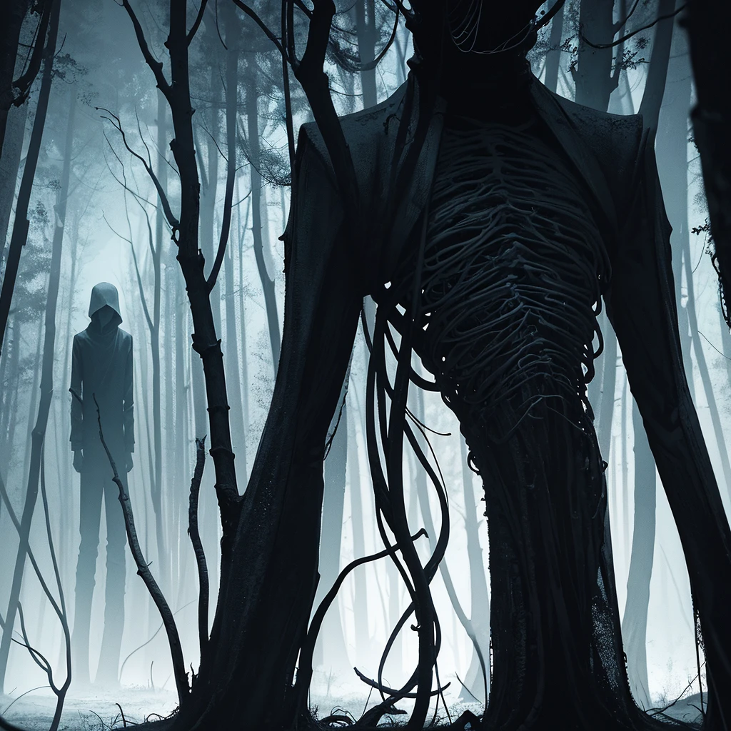 Create a high definition (Full HD) image of Slenderman. The image should have a dark and haunting tone, with dramatic lighting and realistic details. Slenderman must be prominent, in a threatening pose, with his tall, slender figure, faceless and with his characteristic tentacles coming from his back. The background must be dark and mysterious, with elements that refer to a scary environment, such as a forest or an abandoned setting. The image must be striking and visually appealing, perfect for the cover of a horror video