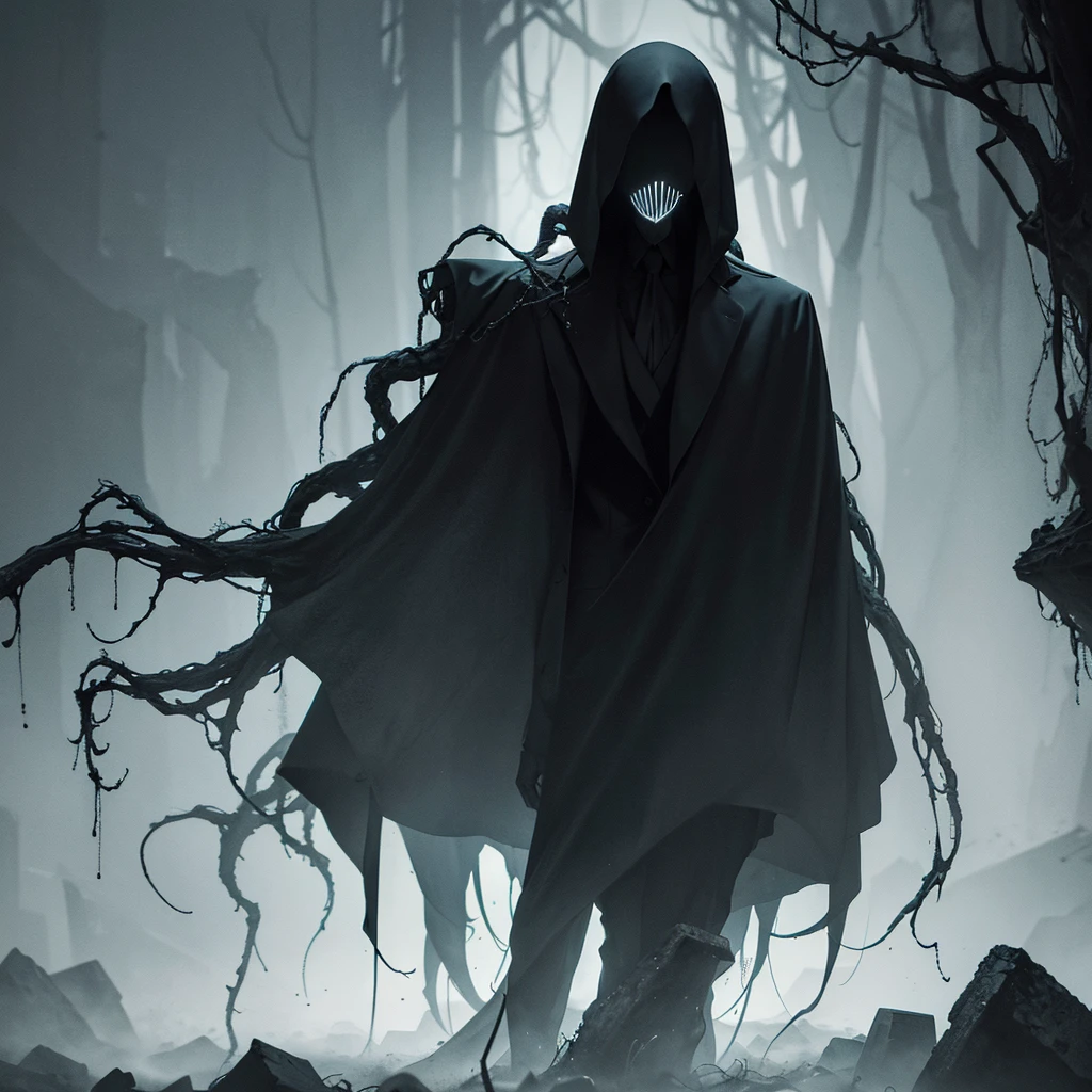 Create a high definition (Full HD) image of Slenderman. The image should have a dark and haunting tone, with dramatic lighting and realistic details. Slenderman must be prominent, in a threatening pose, with his tall, slender figure, faceless and with his characteristic tentacles coming from his back. The background must be dark and mysterious, with elements that refer to a scary environment, such as a forest or an abandoned setting. The image must be striking and visually appealing, perfect for the cover of a horror video