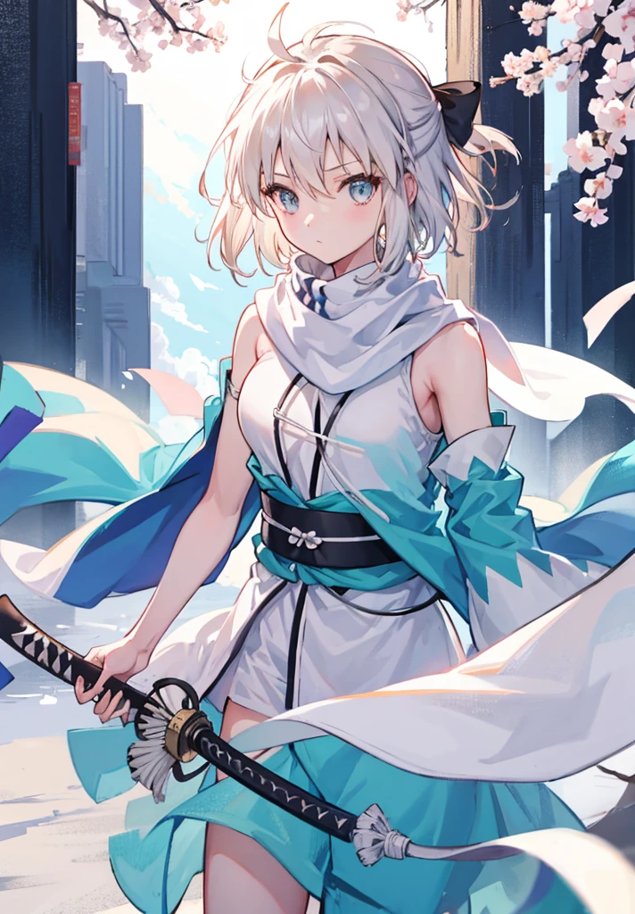 Best Quality, 1 girl, alone, okita_souji, white kimono, scarf, cowboy photography, outdoor, bare shoulders, bare shoulders, sleeveless, looking at the viewer,