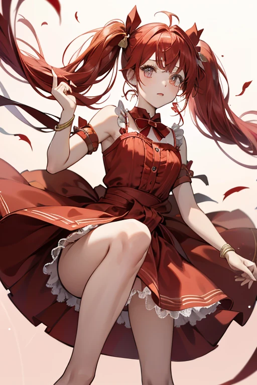 Twist E. is a fair-skinned girl with black button eyes and pale pink cheeks. Her hair is bright crimson red with straight cut bangs and curled pigtails worn at the top of her head. The pigtails are held by two red bows. She wears a solid red dress made of stacked licorice with a red bow around the waist, red armlets and red ballerina slippers. SPARKLE; GLITTER