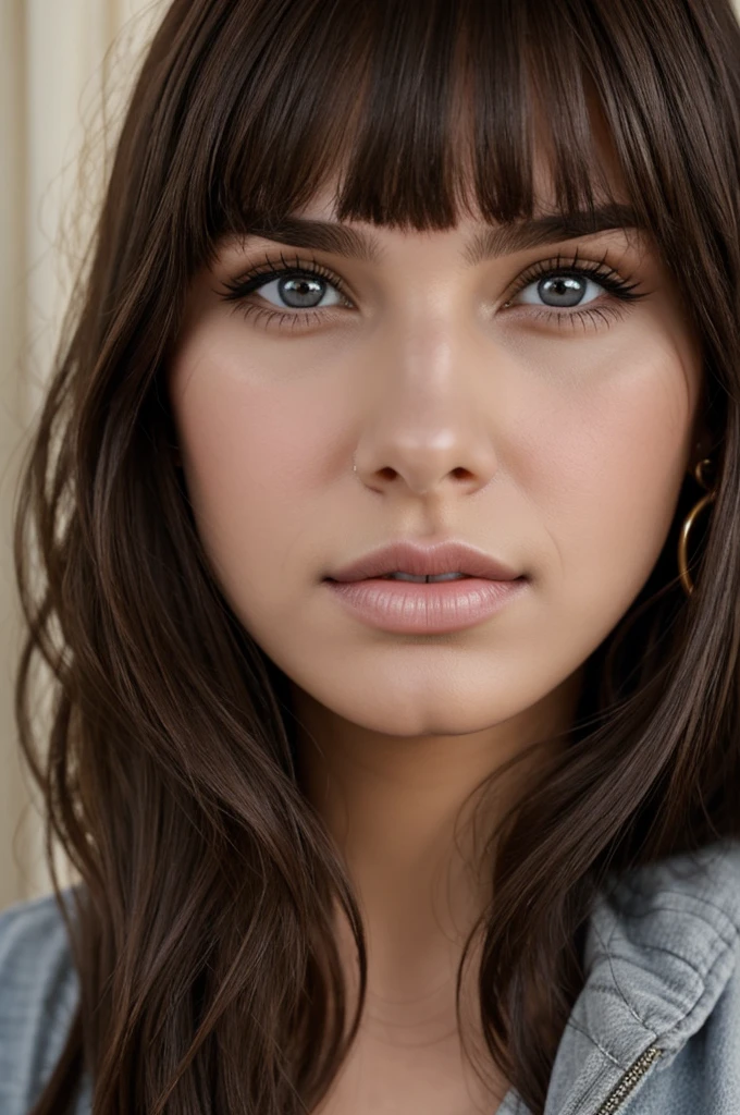 Brown haired girl with a middle part and curtain bangs with two hoop lip piercings and a nose piercing gray eyes
